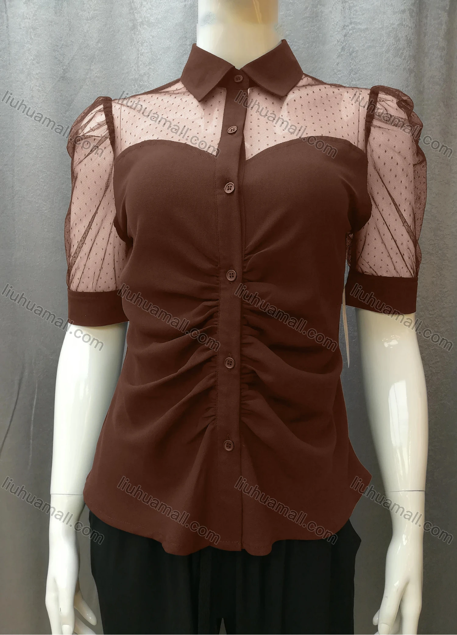Wholesale Women's Casual Ruched Pin Dot Splicing Plain Collared Button Down Blouse FR2044# - Liuhuamall