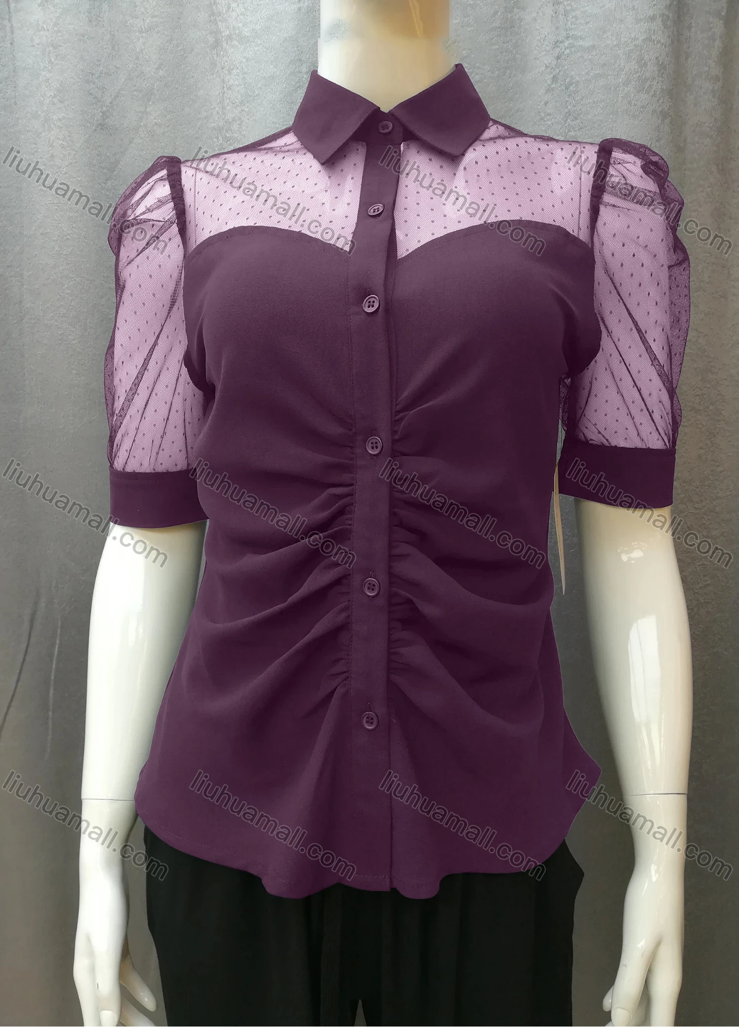 Wholesale Women's Casual Ruched Pin Dot Splicing Plain Collared Button Down Blouse FR2044# - Liuhuamall