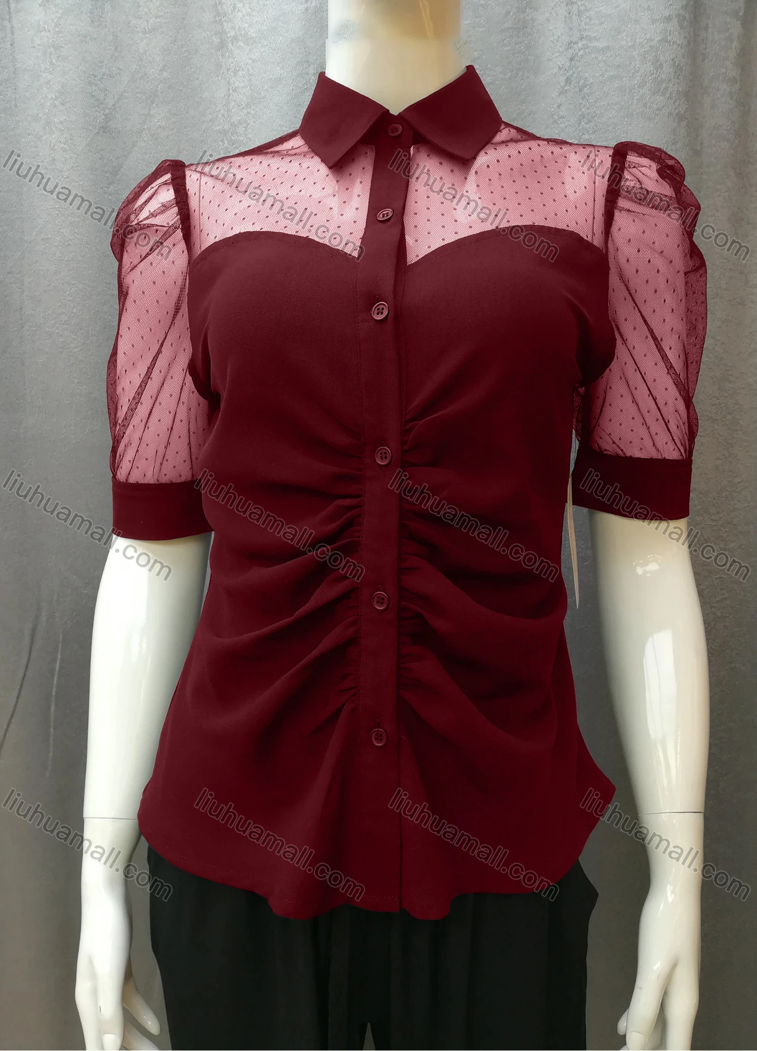 Wholesale Women's Casual Ruched Pin Dot Splicing Plain Collared Button Down Blouse FR2044# - Liuhuamall