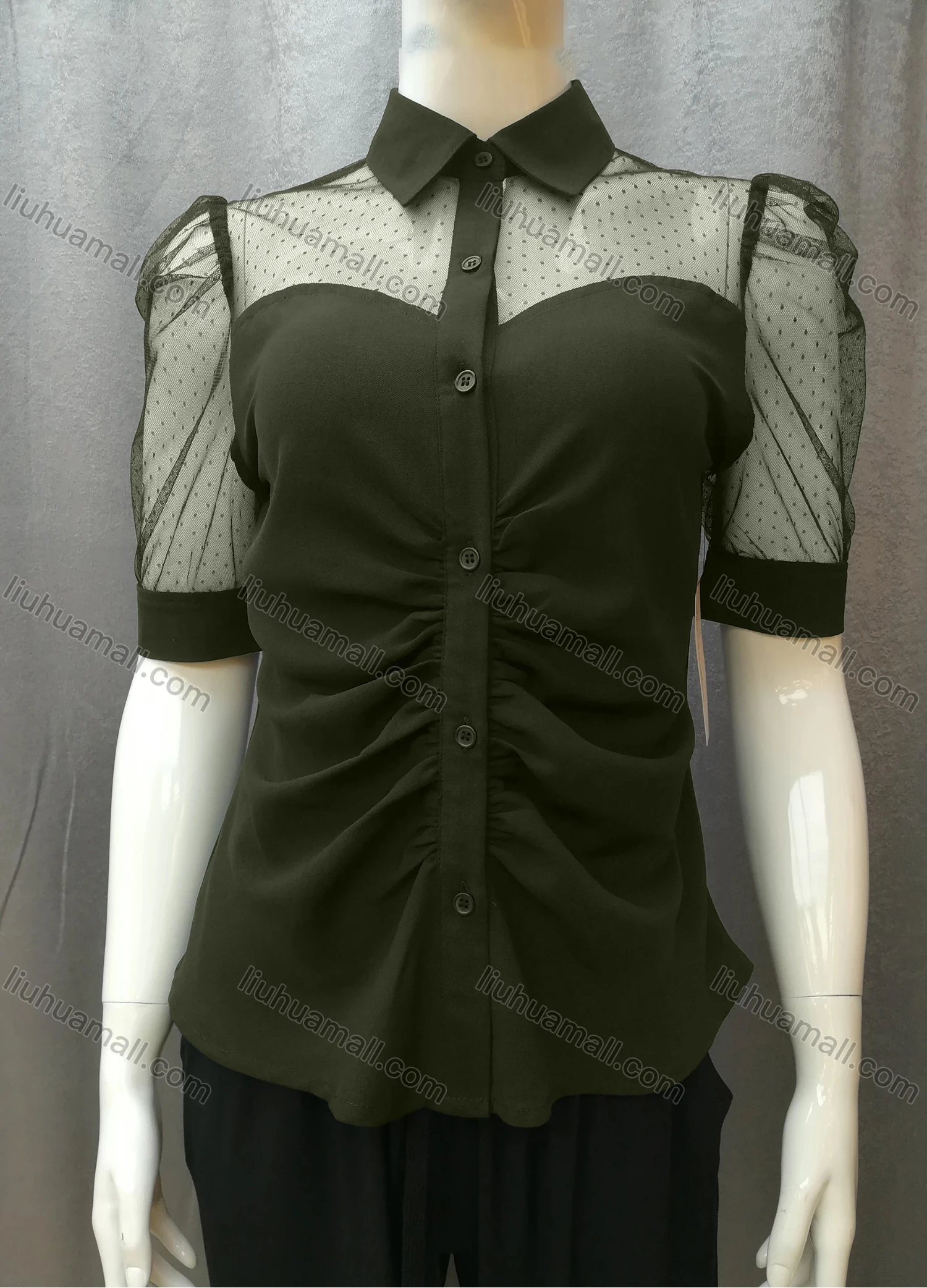 Wholesale Women's Casual Ruched Pin Dot Splicing Plain Collared Button Down Blouse FR2044# - Liuhuamall