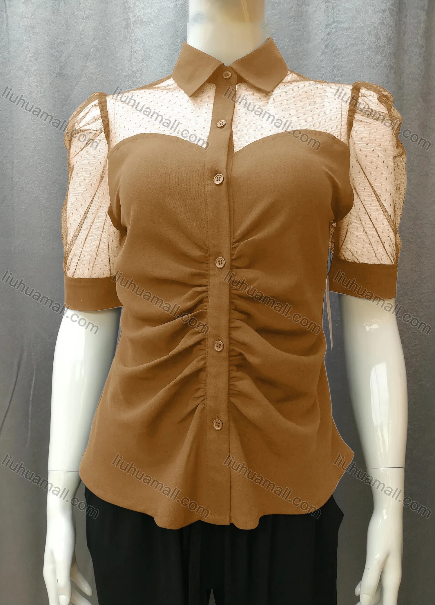 Wholesale Women's Casual Ruched Pin Dot Splicing Plain Collared Button Down Blouse FR2044# - Liuhuamall