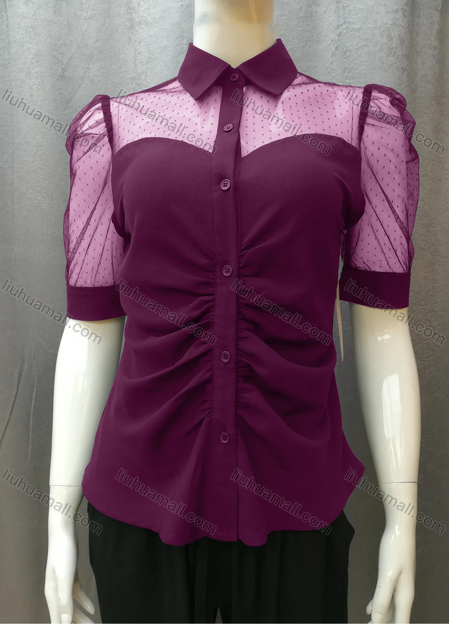 Wholesale Women's Casual Ruched Pin Dot Splicing Plain Collared Button Down Blouse FR2044# - Liuhuamall