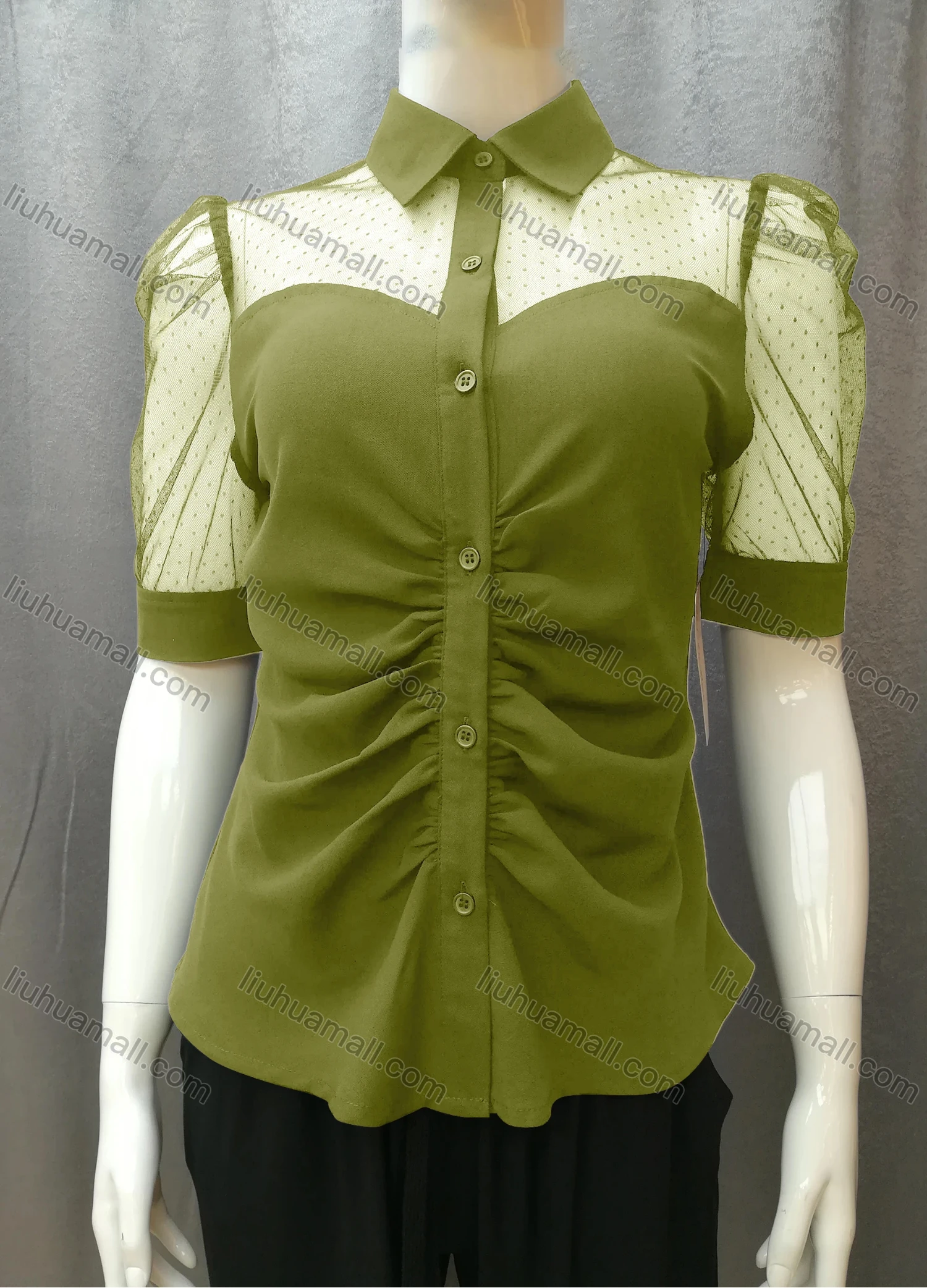 Wholesale Women's Casual Ruched Pin Dot Splicing Plain Collared Button Down Blouse FR2044# - Liuhuamall