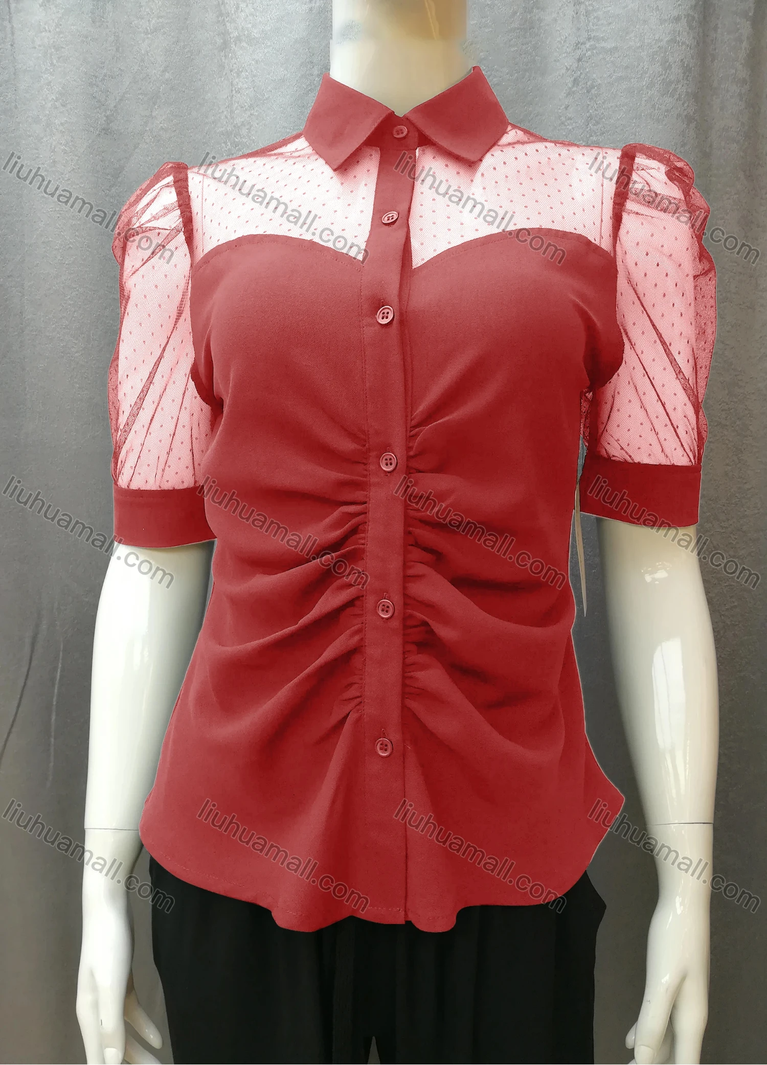 Wholesale Women's Casual Ruched Pin Dot Splicing Plain Collared Button Down Blouse FR2044# - Liuhuamall