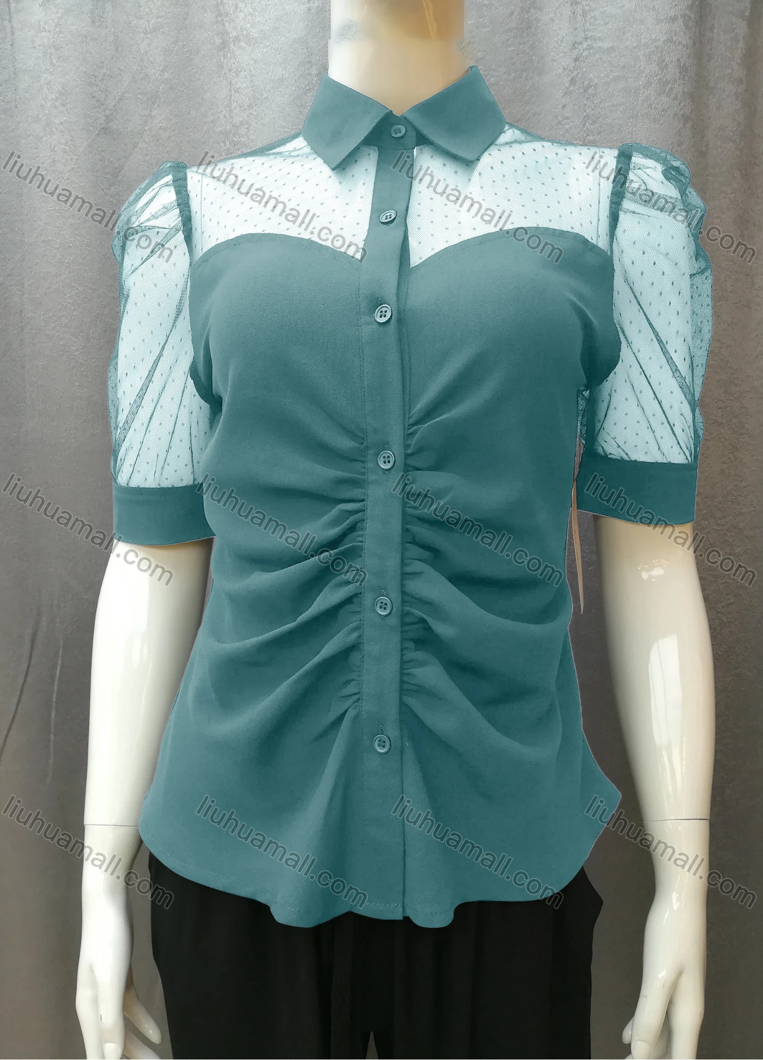 Wholesale Women's Casual Ruched Pin Dot Splicing Plain Collared Button Down Blouse FR2044# - Liuhuamall