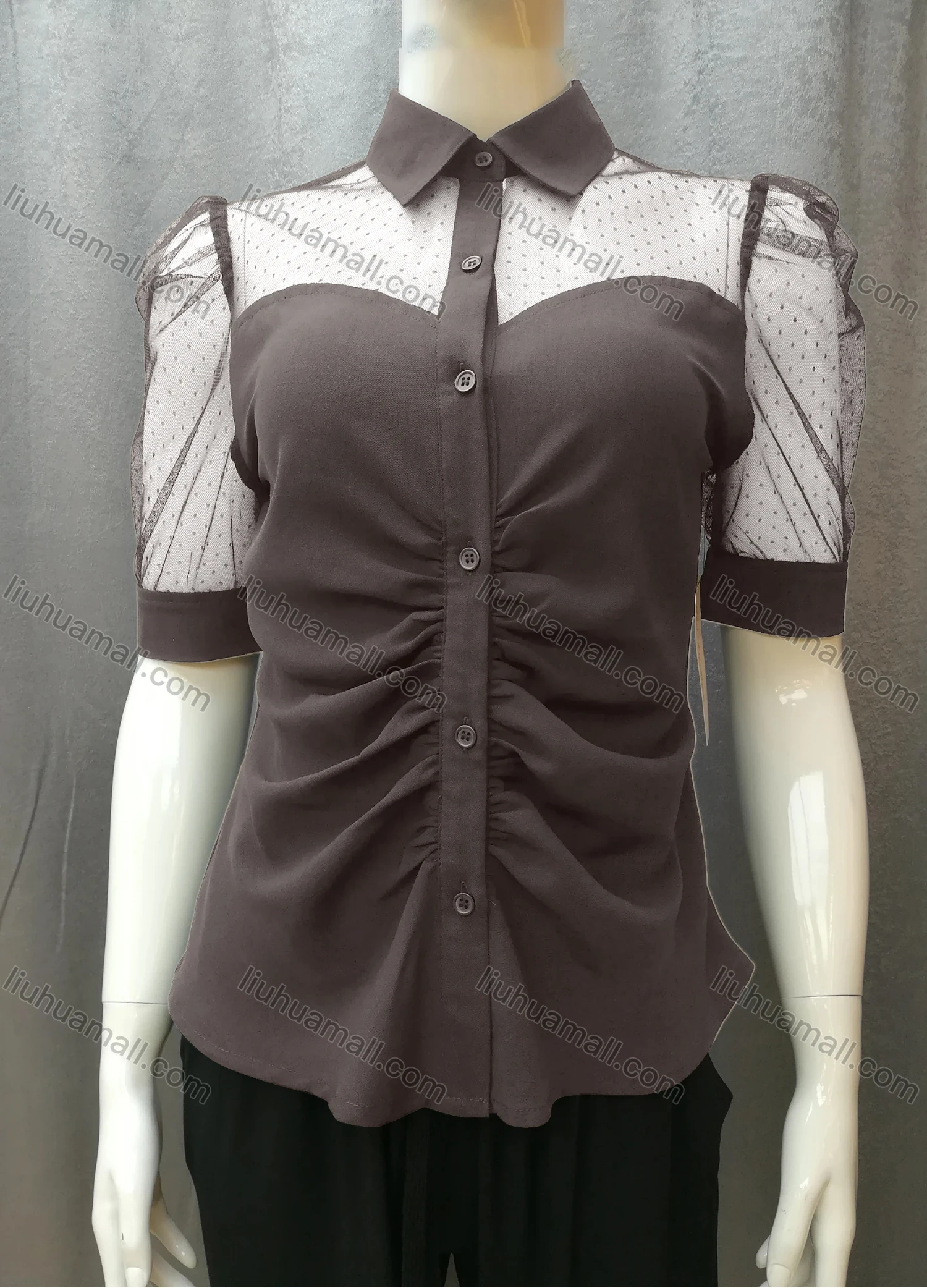 Wholesale Women's Casual Ruched Pin Dot Splicing Plain Collared Button Down Blouse FR2044# - Liuhuamall