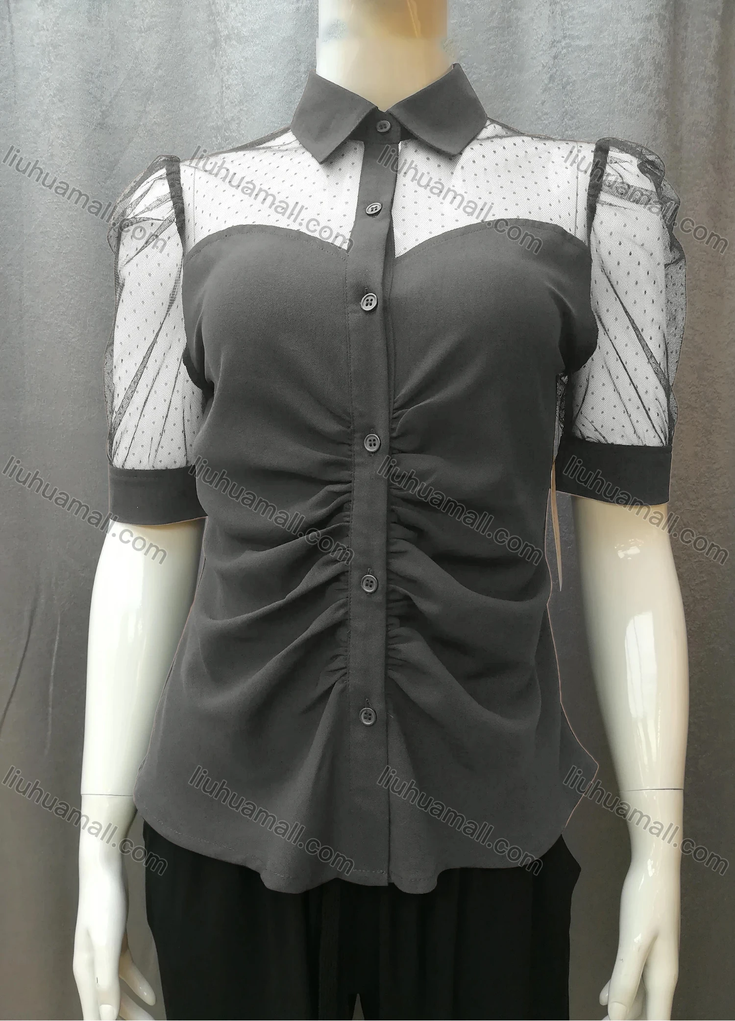 Wholesale Women's Casual Ruched Pin Dot Splicing Plain Collared Button Down Blouse FR2044# - Liuhuamall