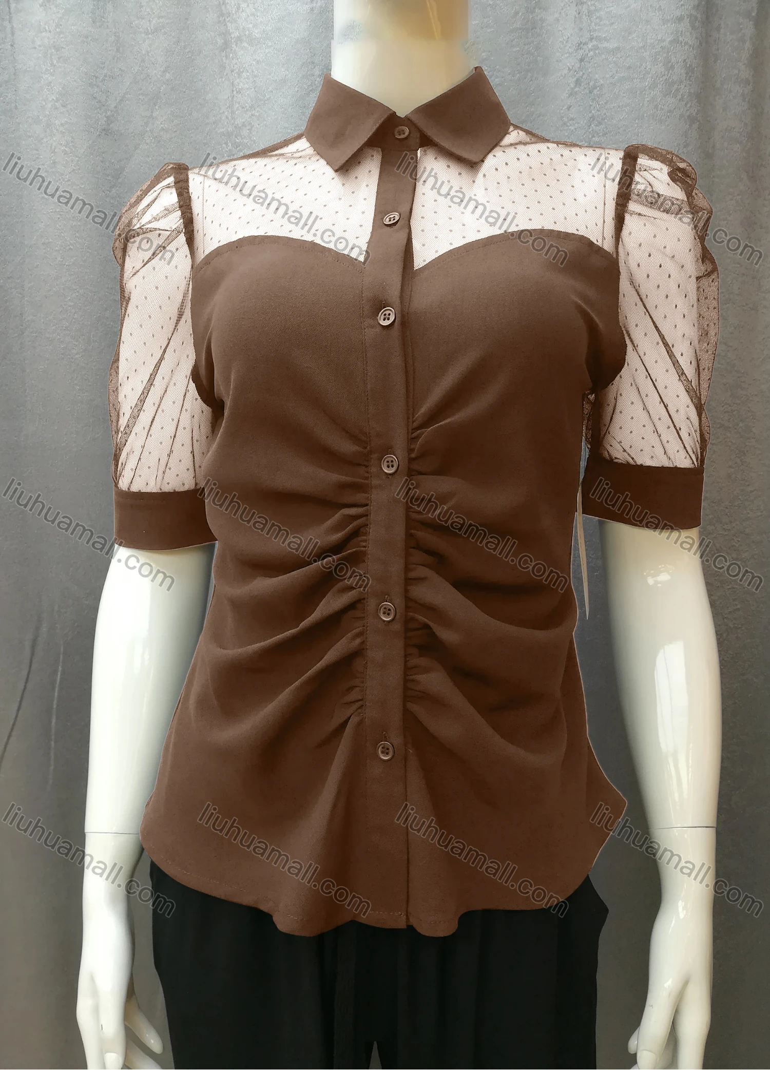 Wholesale Women's Casual Ruched Pin Dot Splicing Plain Collared Button Down Blouse FR2044# - Liuhuamall