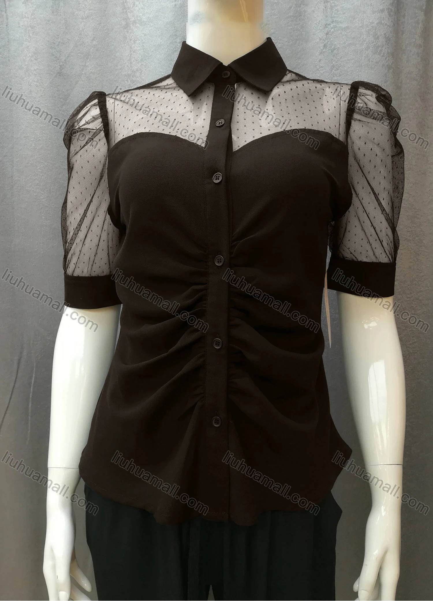 Wholesale Women's Casual Ruched Pin Dot Splicing Plain Collared Button Down Blouse FR2044# - Liuhuamall