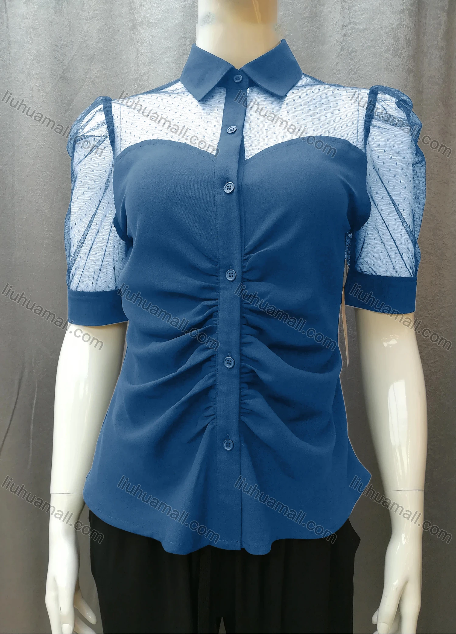 Wholesale Women's Casual Ruched Pin Dot Splicing Plain Collared Button Down Blouse FR2044# - Liuhuamall