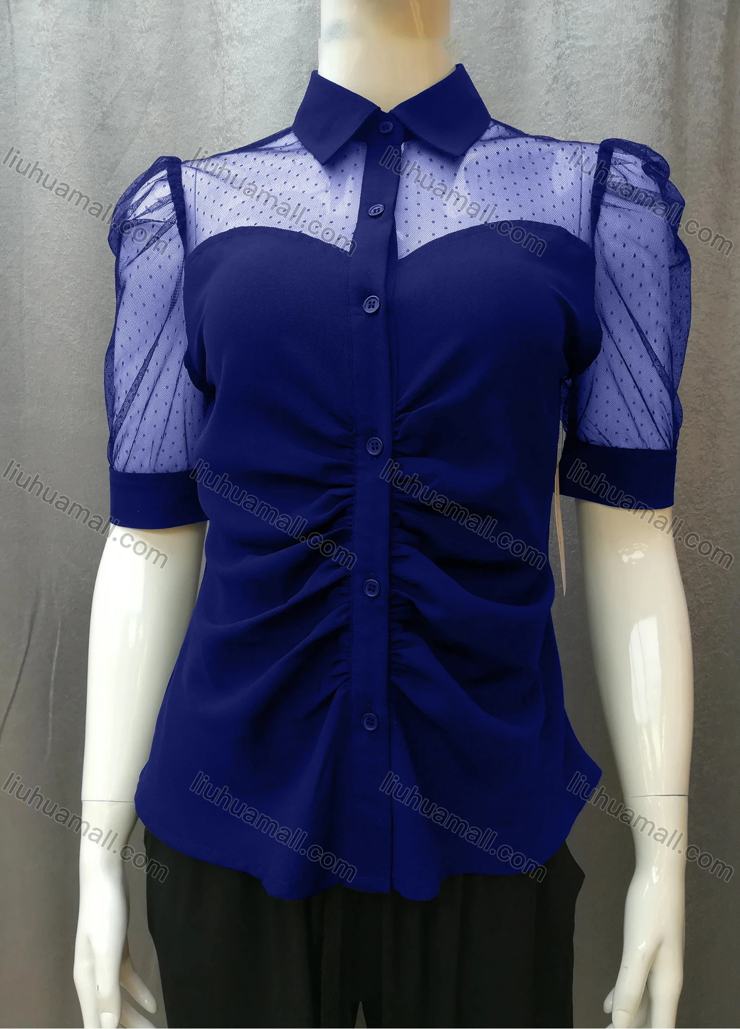 Wholesale Women's Casual Ruched Pin Dot Splicing Plain Collared Button Down Blouse FR2044# - Liuhuamall