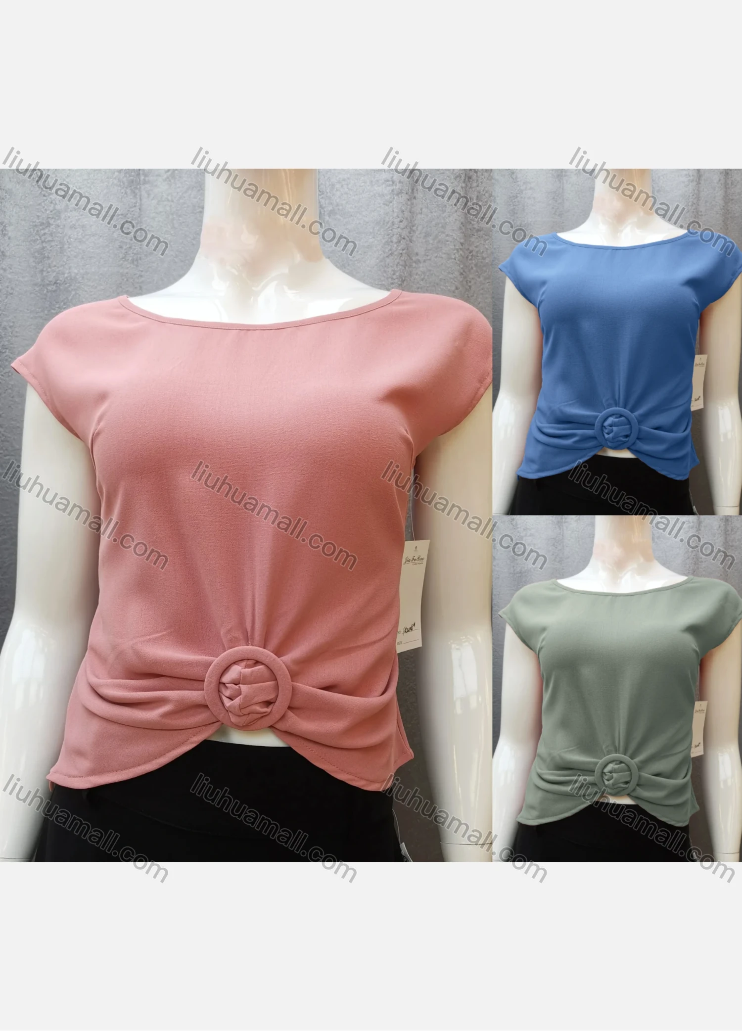 Wholesale Women's Casual Bateau Neck Plain Ruched Cap Sleeve Blouse FR2114# - Liuhuamall