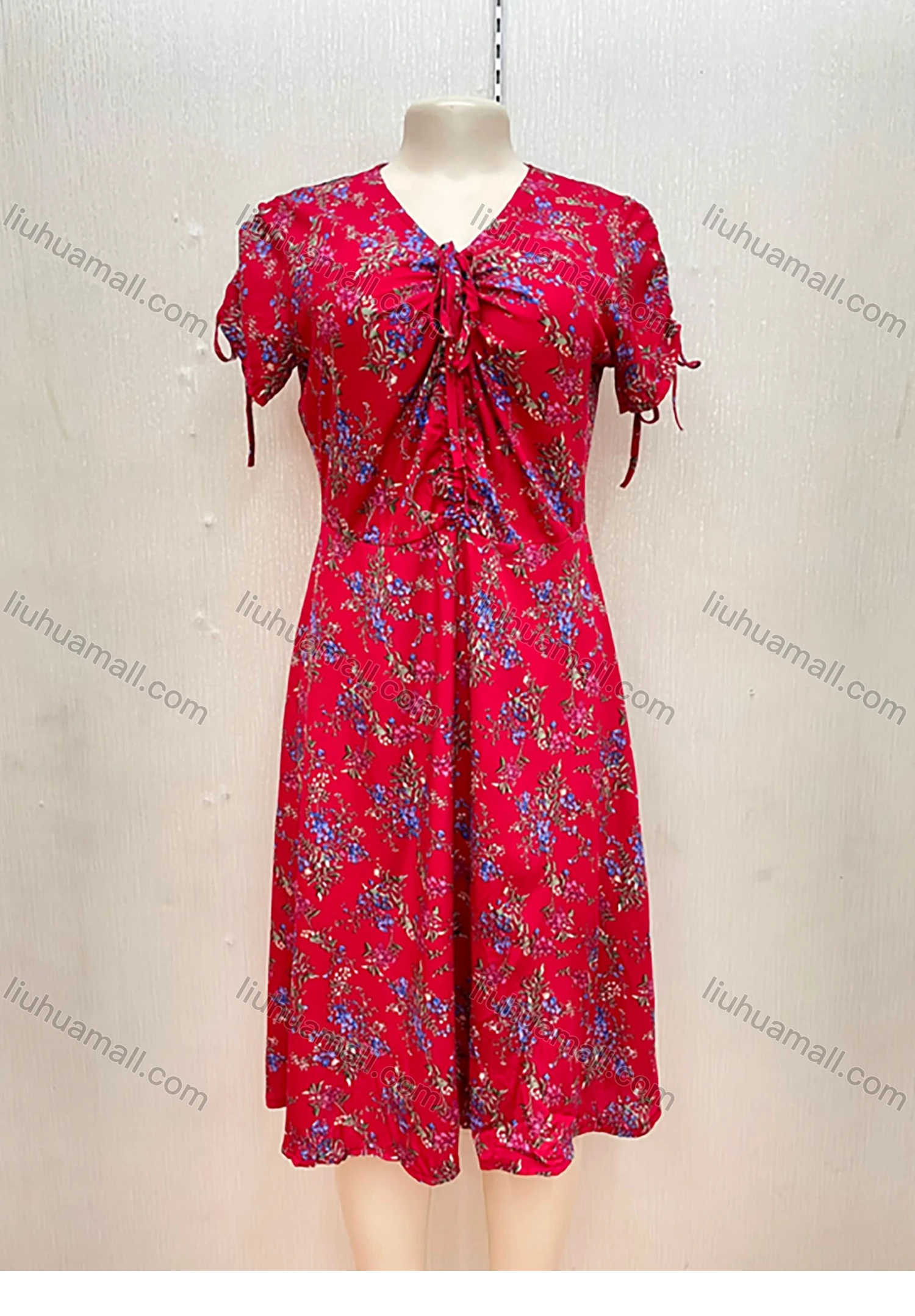 Wholesale Women's Casual V-Neck Floral Print Lace Up Ruffle Hem Midi Dress - Liuhuamall