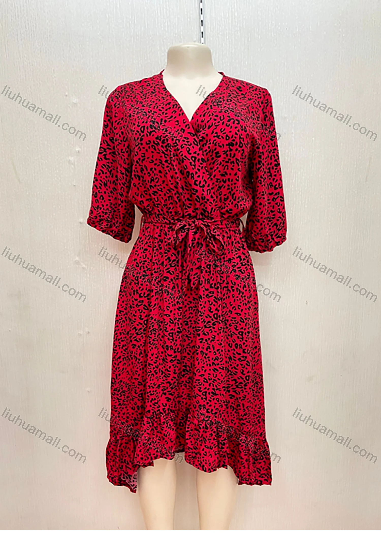 Wholesale Women's Wrap V Neck Leopard Print Ruffle High Low Hem Midi Dress With Belt - Liuhuamall