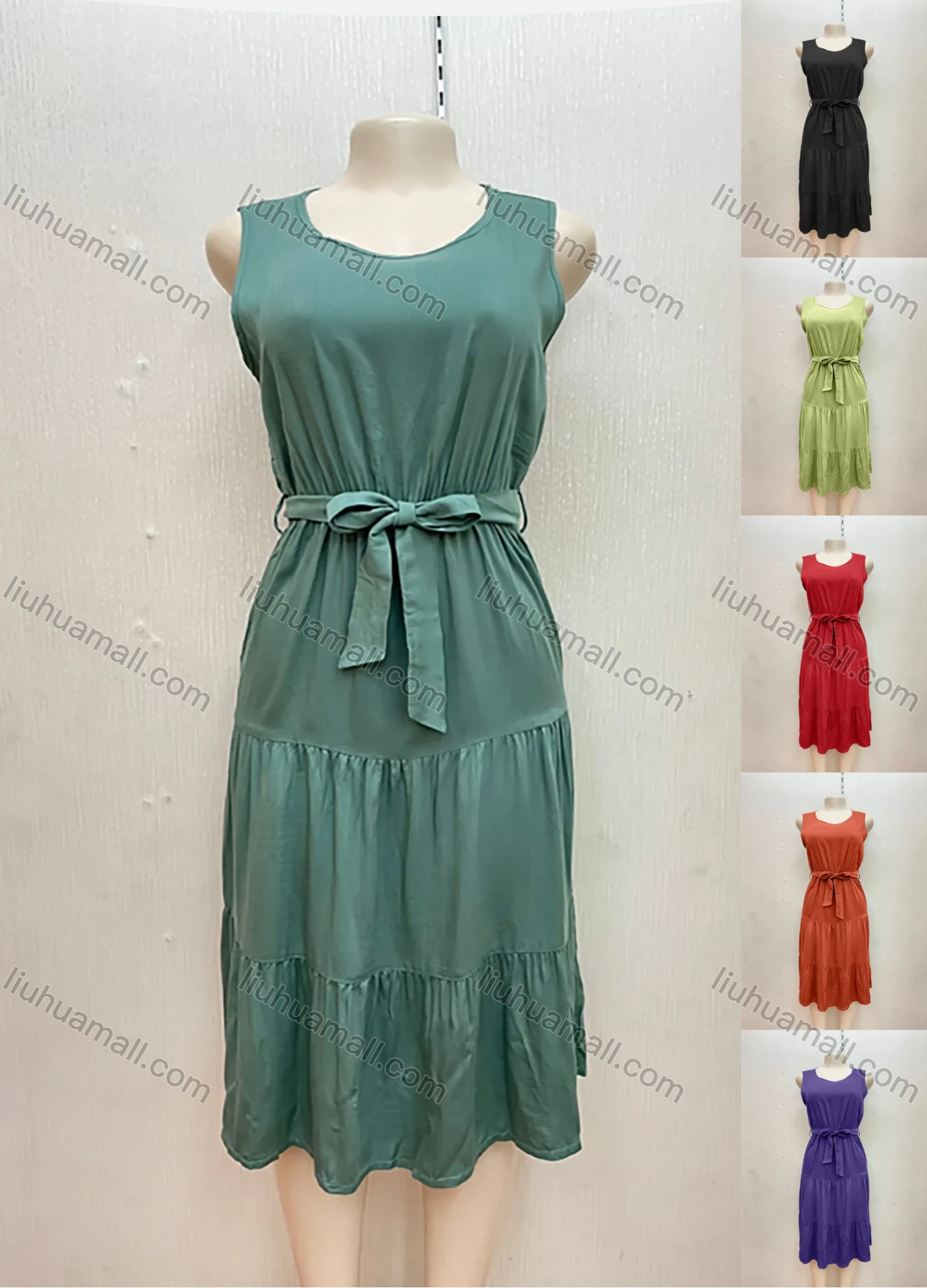 Wholesale Women's Casual Round Neck Sleeveless Lace Up Layered Ruffle Hem Midi Dress - Liuhuamall