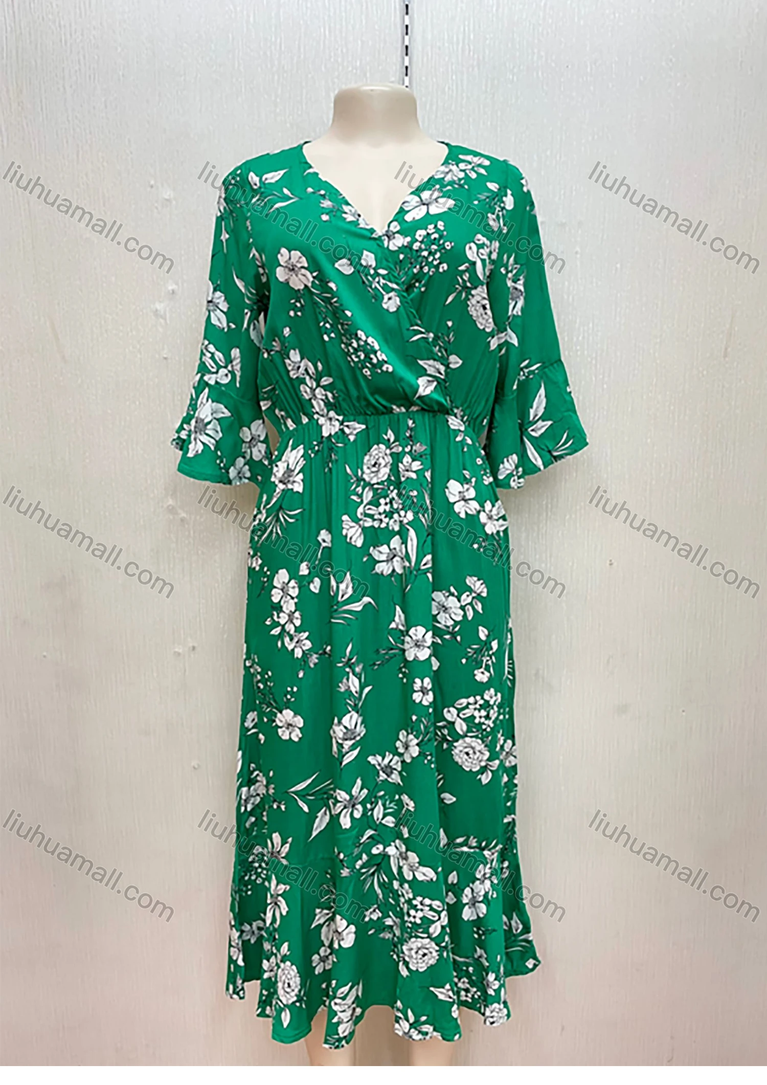 Wholesale Women's Casual Wrap V Neck Floral Print Ruffle Hem A Line Midi Dress - Liuhuamall