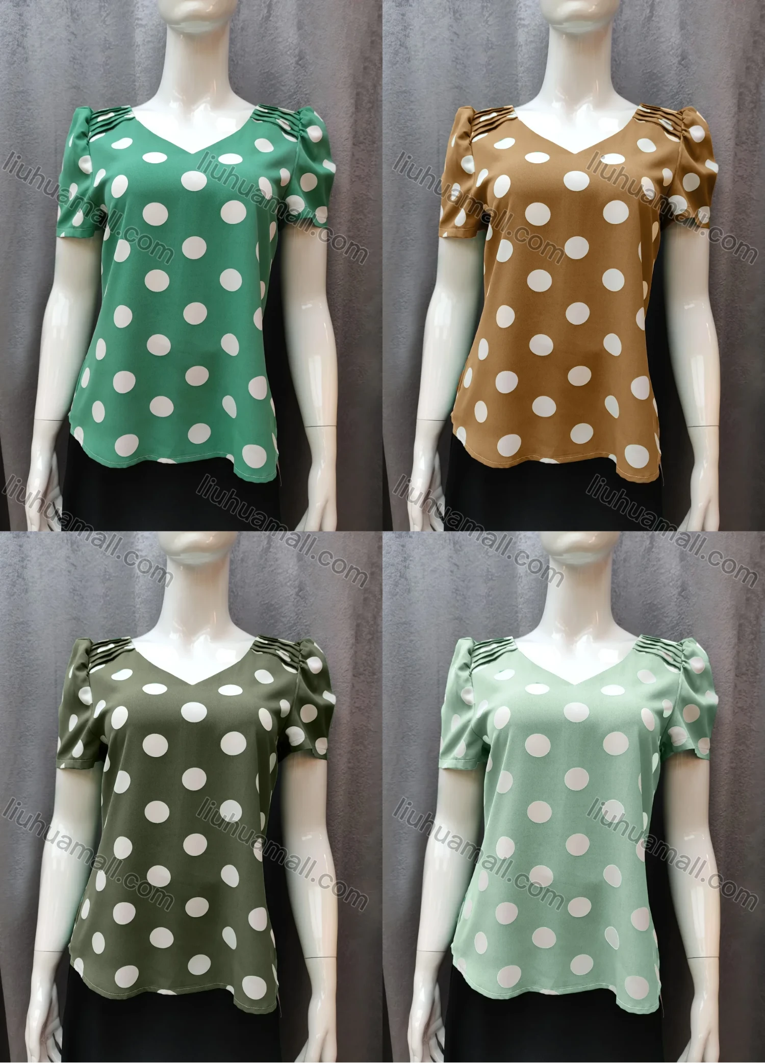Wholesale Women's Casual Pleated Polka Dot V Neck Short Sleeve Blouse WB013# - Liuhuamall