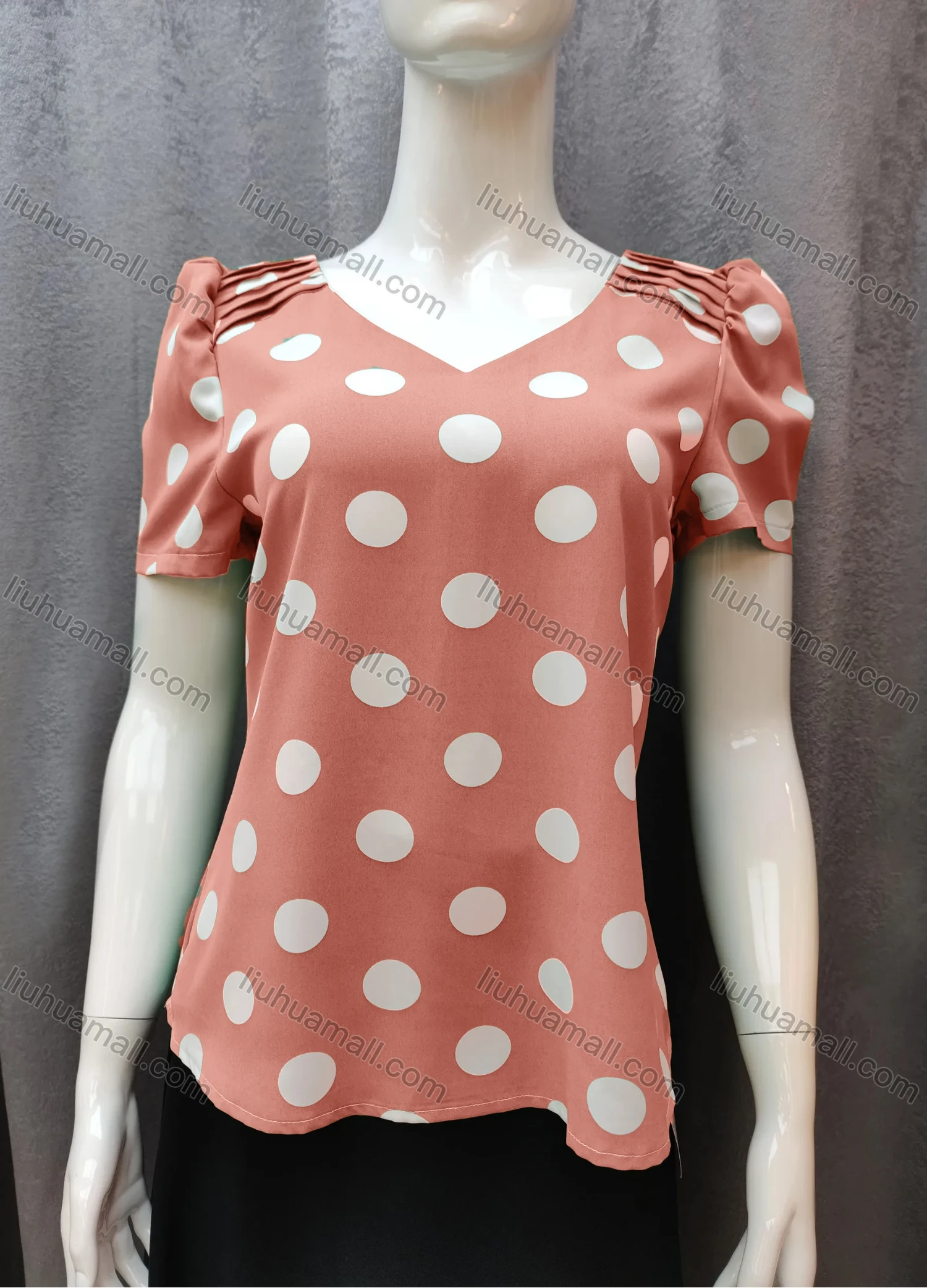 Wholesale Women's Casual Pleated Polka Dot V Neck Short Sleeve Blouse WB013# - Liuhuamall