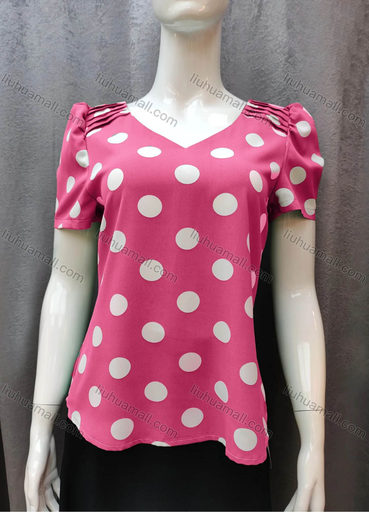 Wholesale Women's Casual Pleated Polka Dot V Neck Short Sleeve Blouse WB013# - Liuhuamall