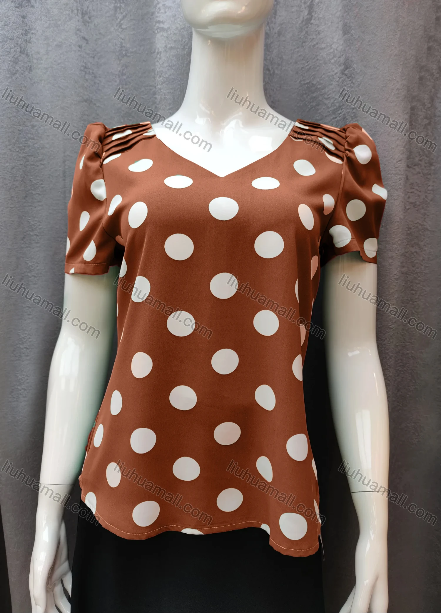 Wholesale Women's Casual Pleated Polka Dot V Neck Short Sleeve Blouse WB013# - Liuhuamall