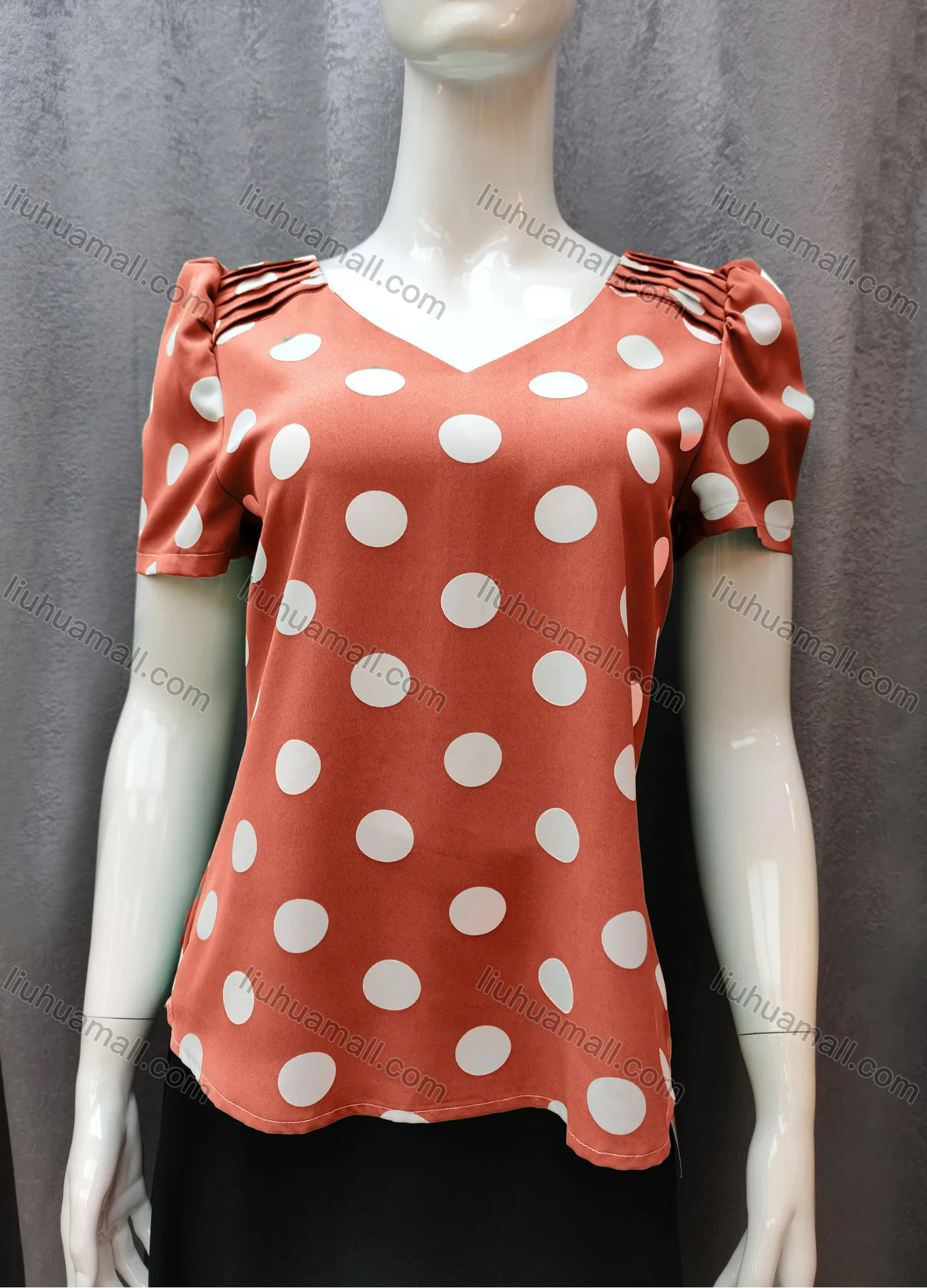 Wholesale Women's Casual Pleated Polka Dot V Neck Short Sleeve Blouse WB013# - Liuhuamall