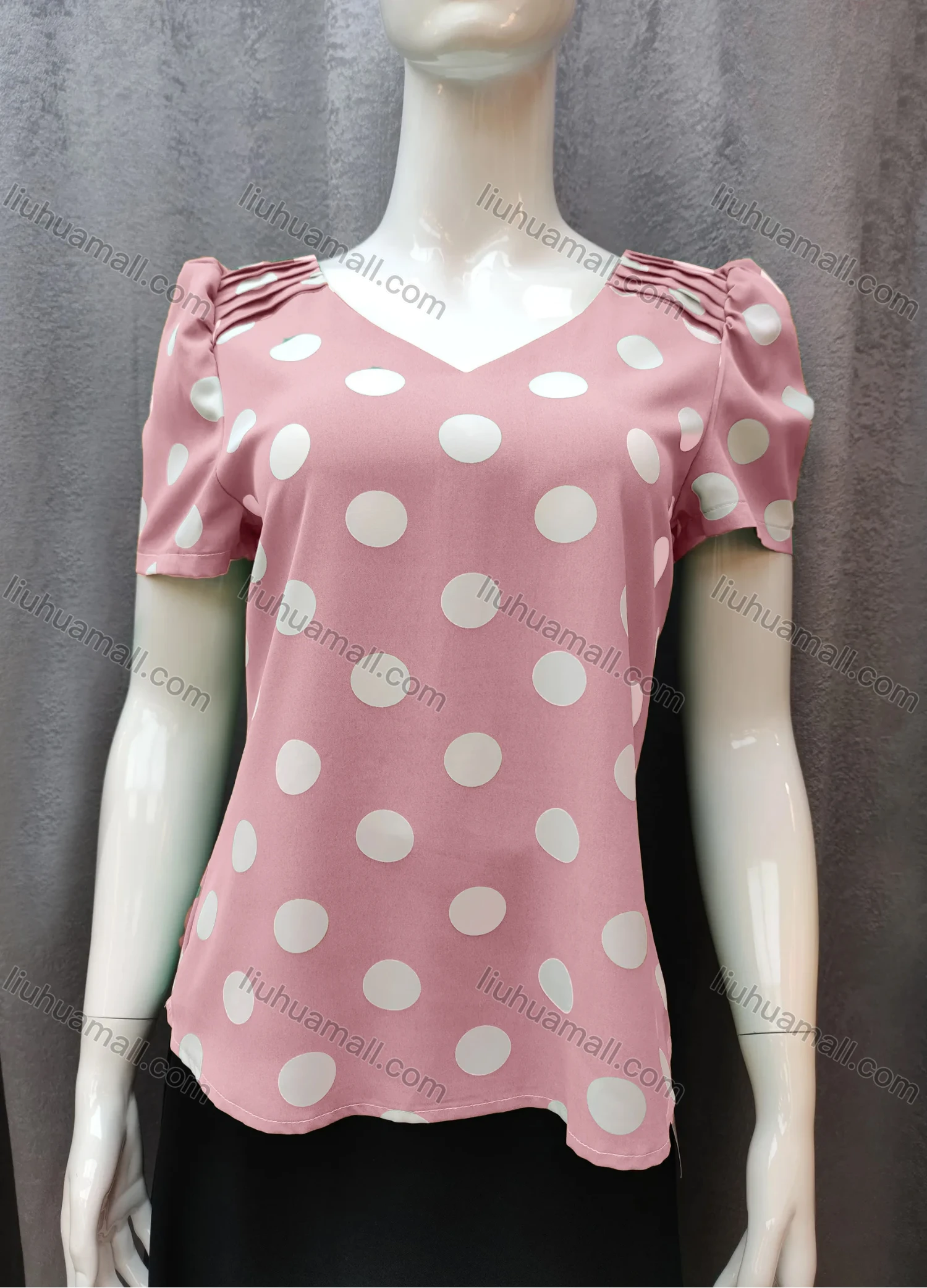 Wholesale Women's Casual Pleated Polka Dot V Neck Short Sleeve Blouse WB013# - Liuhuamall
