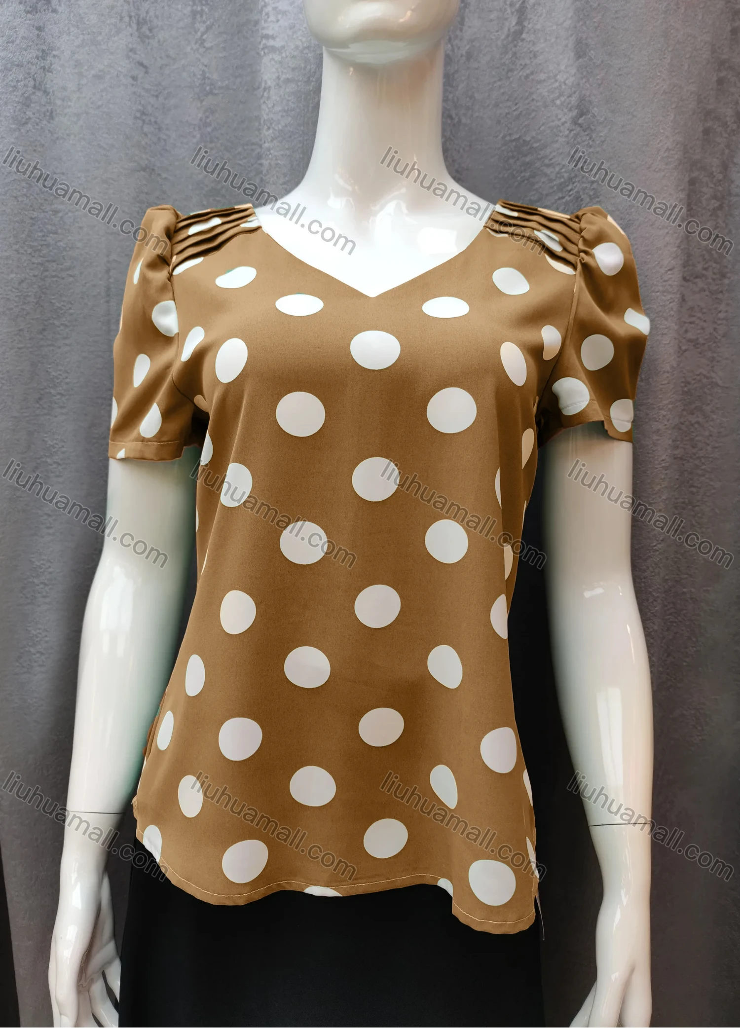 Wholesale Women's Casual Pleated Polka Dot V Neck Short Sleeve Blouse WB013# - Liuhuamall