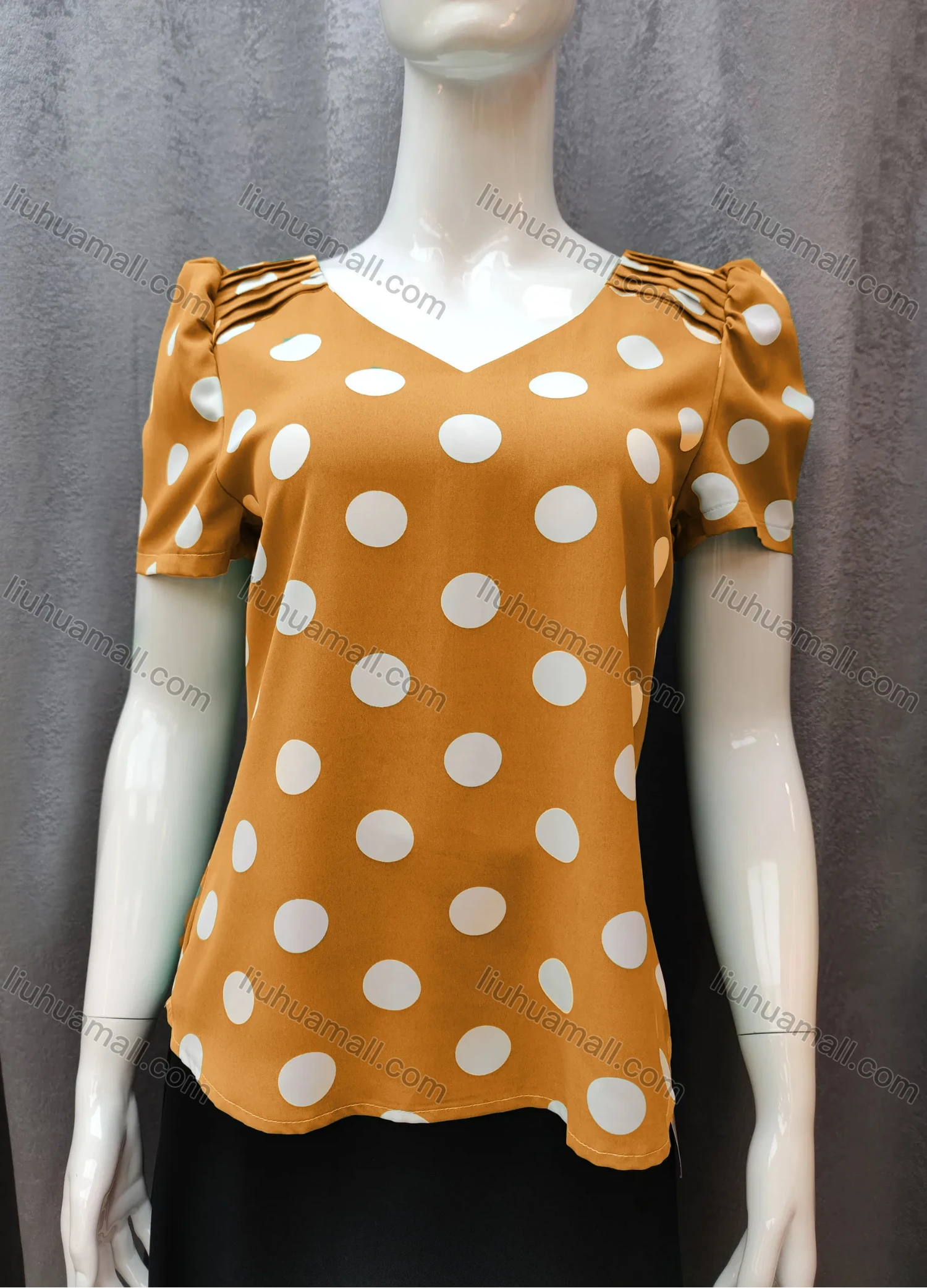 Wholesale Women's Casual Pleated Polka Dot V Neck Short Sleeve Blouse WB013# - Liuhuamall