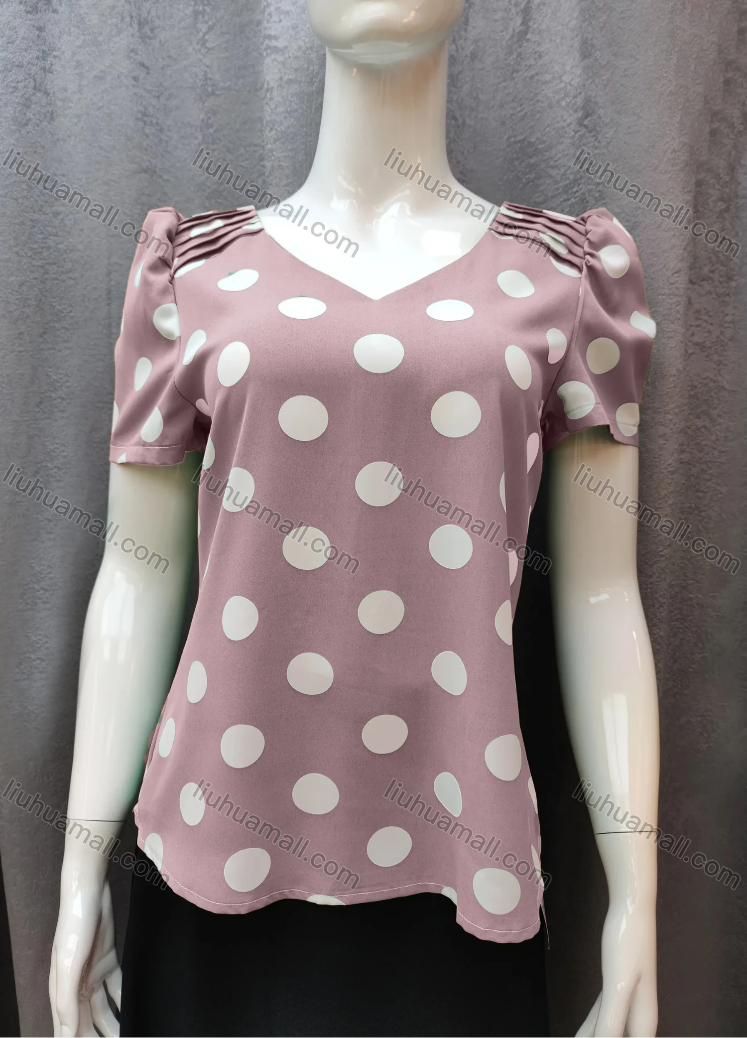 Wholesale Women's Casual Pleated Polka Dot V Neck Short Sleeve Blouse WB013# - Liuhuamall