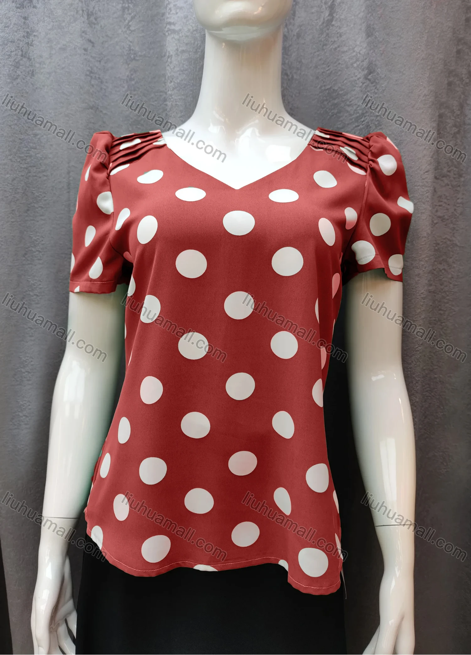 Wholesale Women's Casual Pleated Polka Dot V Neck Short Sleeve Blouse WB013# - Liuhuamall