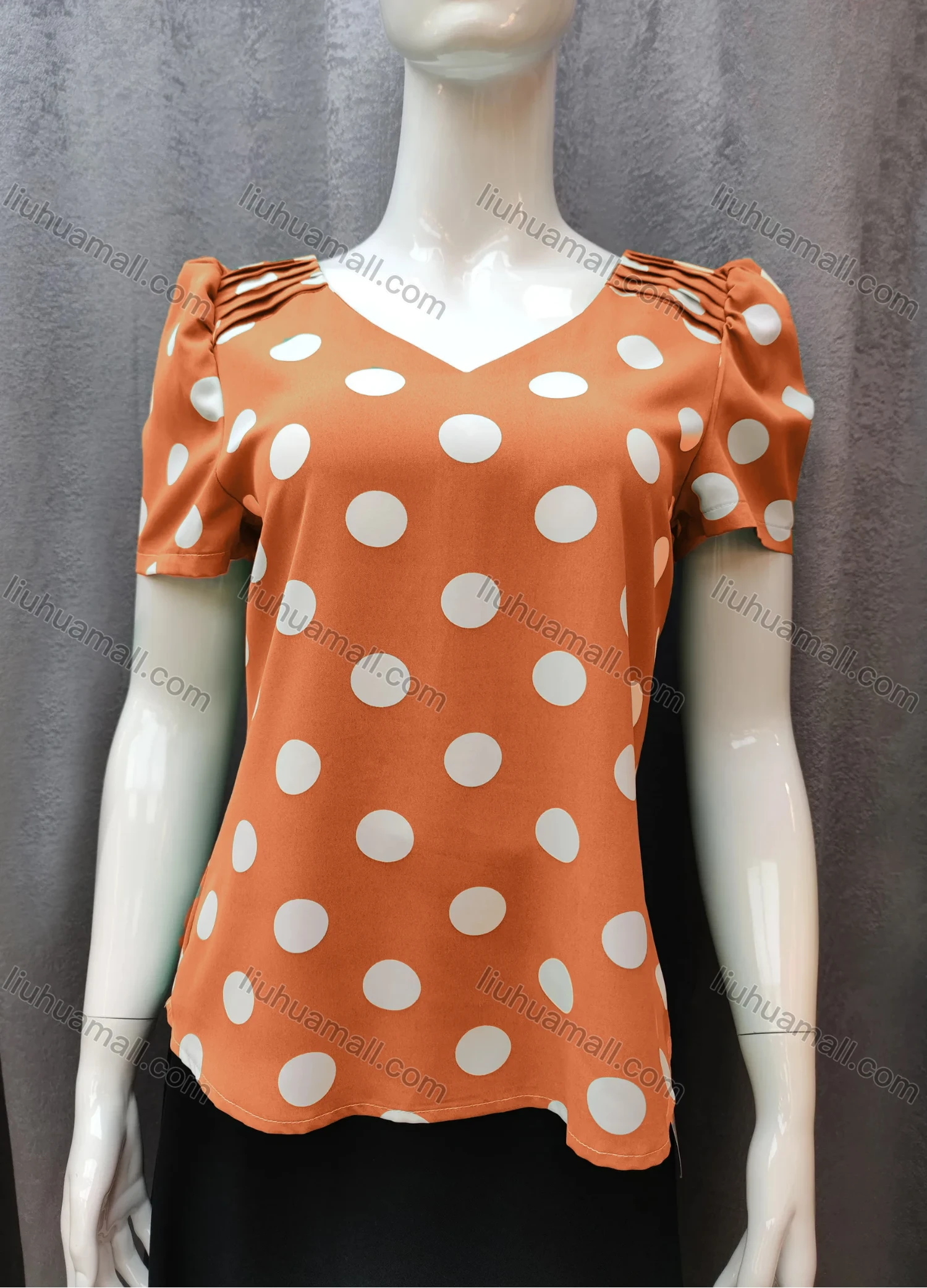 Wholesale Women's Casual Pleated Polka Dot V Neck Short Sleeve Blouse WB013# - Liuhuamall