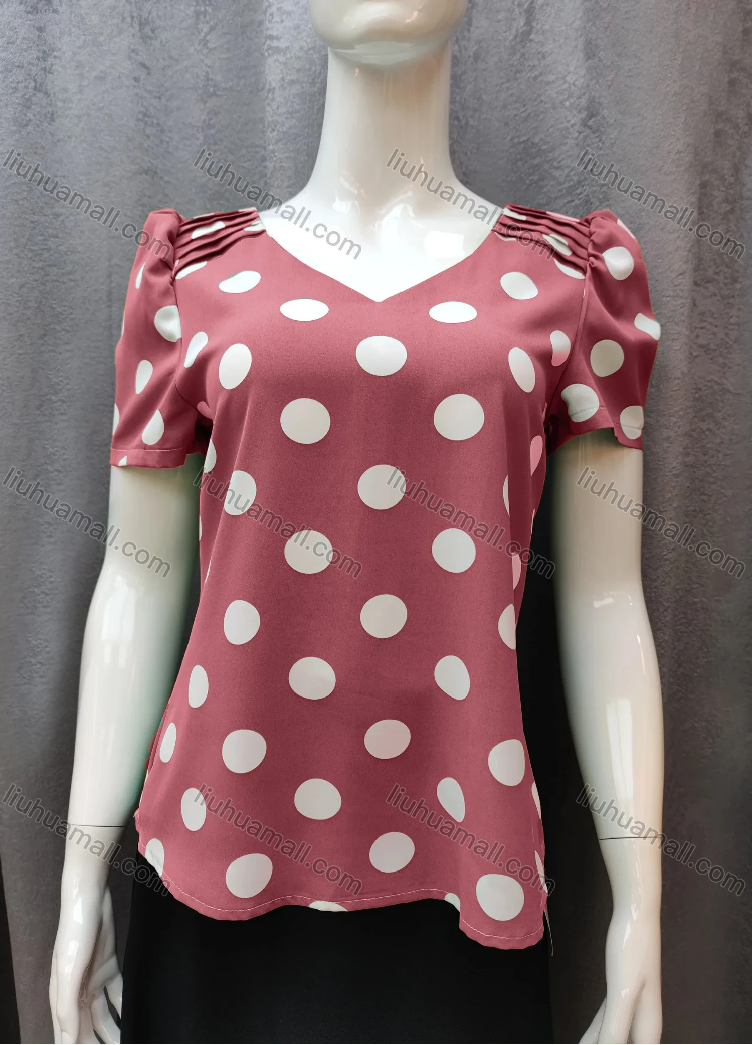 Wholesale Women's Casual Pleated Polka Dot V Neck Short Sleeve Blouse WB013# - Liuhuamall