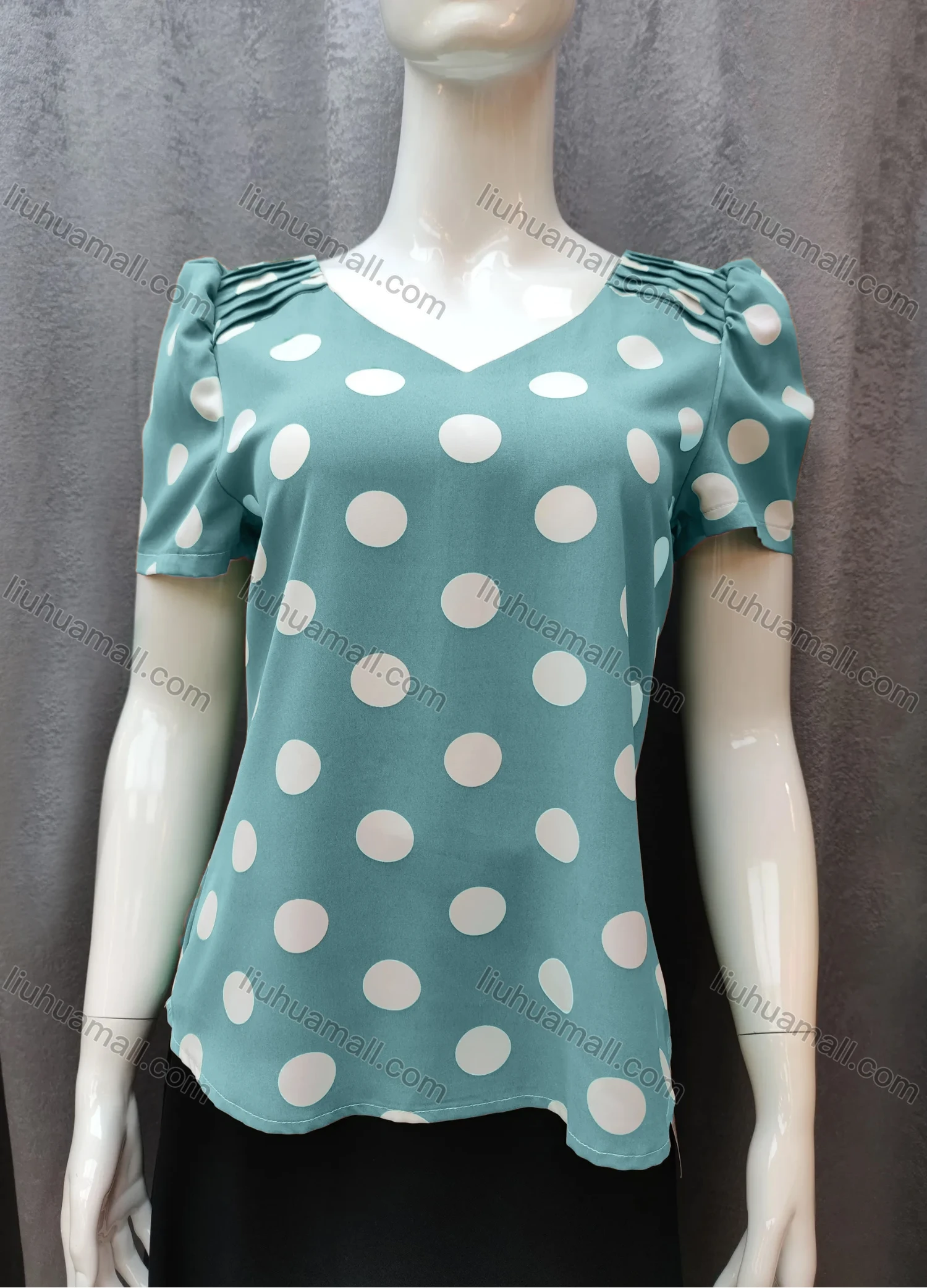 Wholesale Women's Casual Pleated Polka Dot V Neck Short Sleeve Blouse WB013# - Liuhuamall