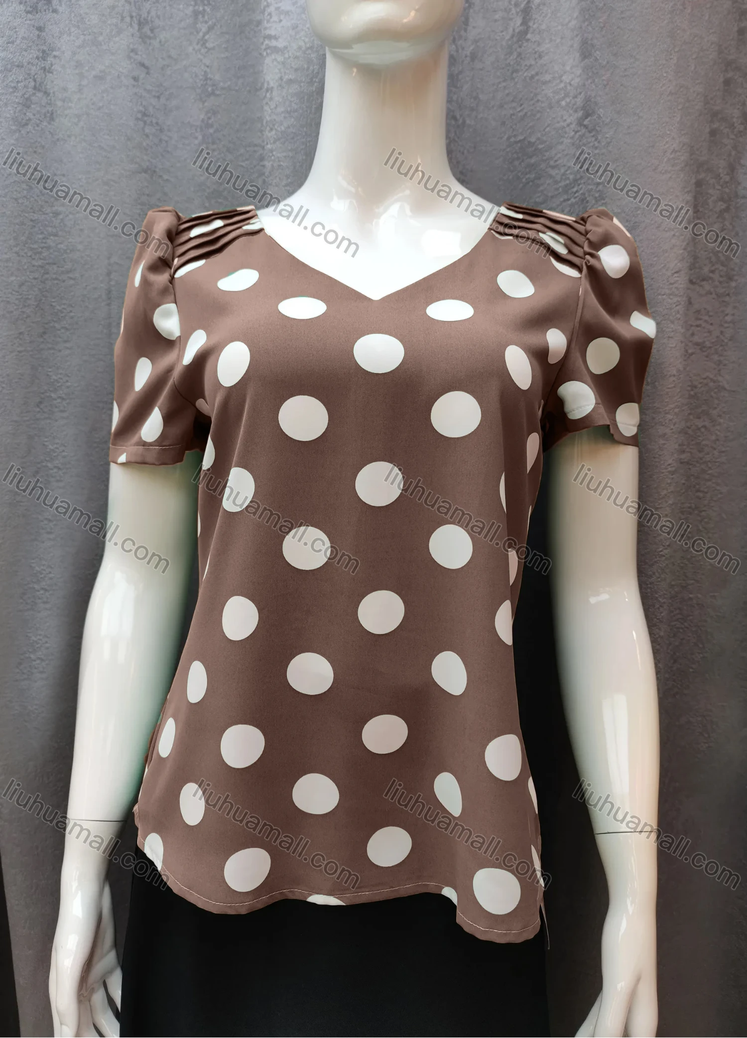 Wholesale Women's Casual Pleated Polka Dot V Neck Short Sleeve Blouse WB013# - Liuhuamall