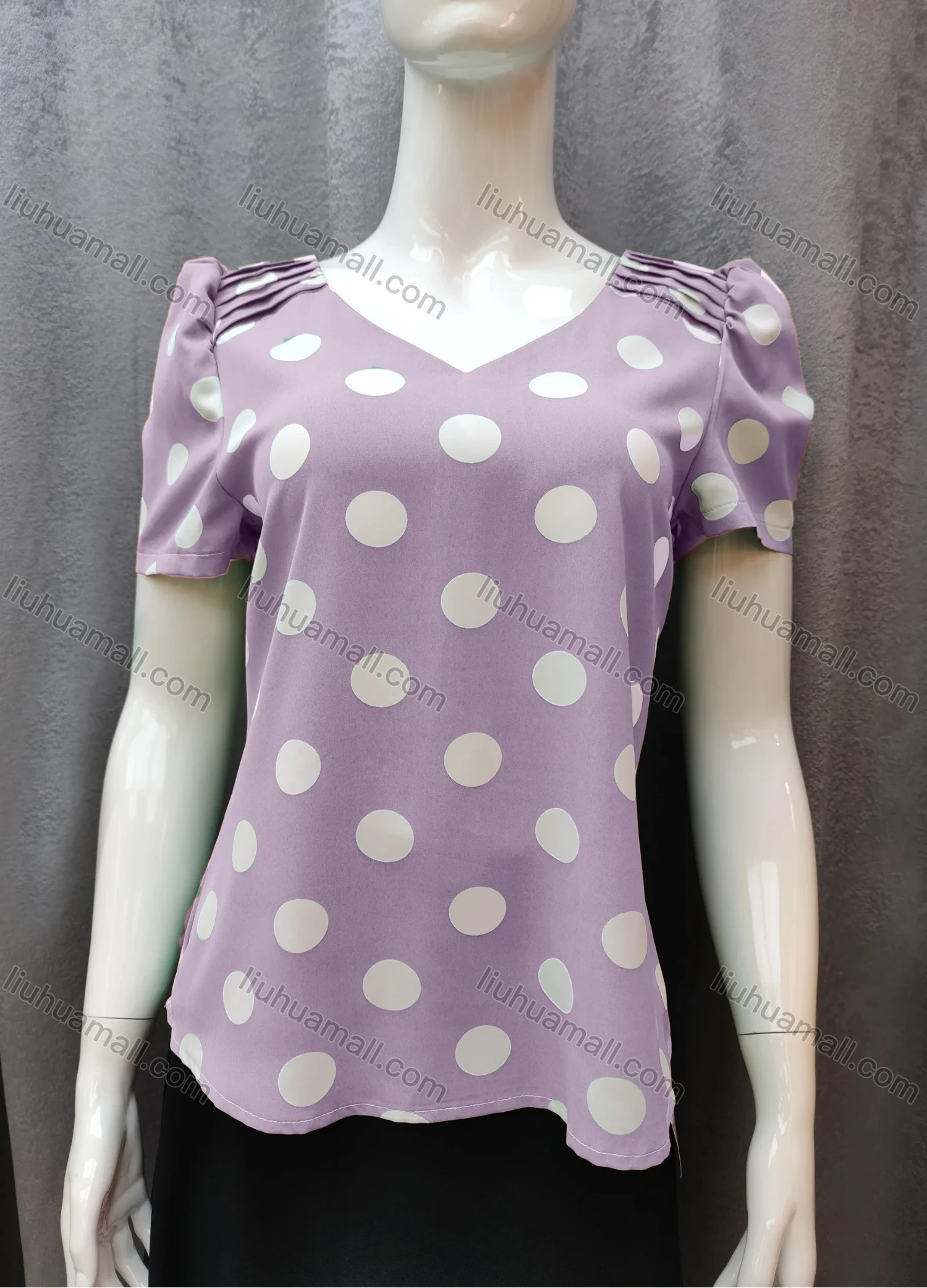 Wholesale Women's Casual Pleated Polka Dot V Neck Short Sleeve Blouse WB013# - Liuhuamall