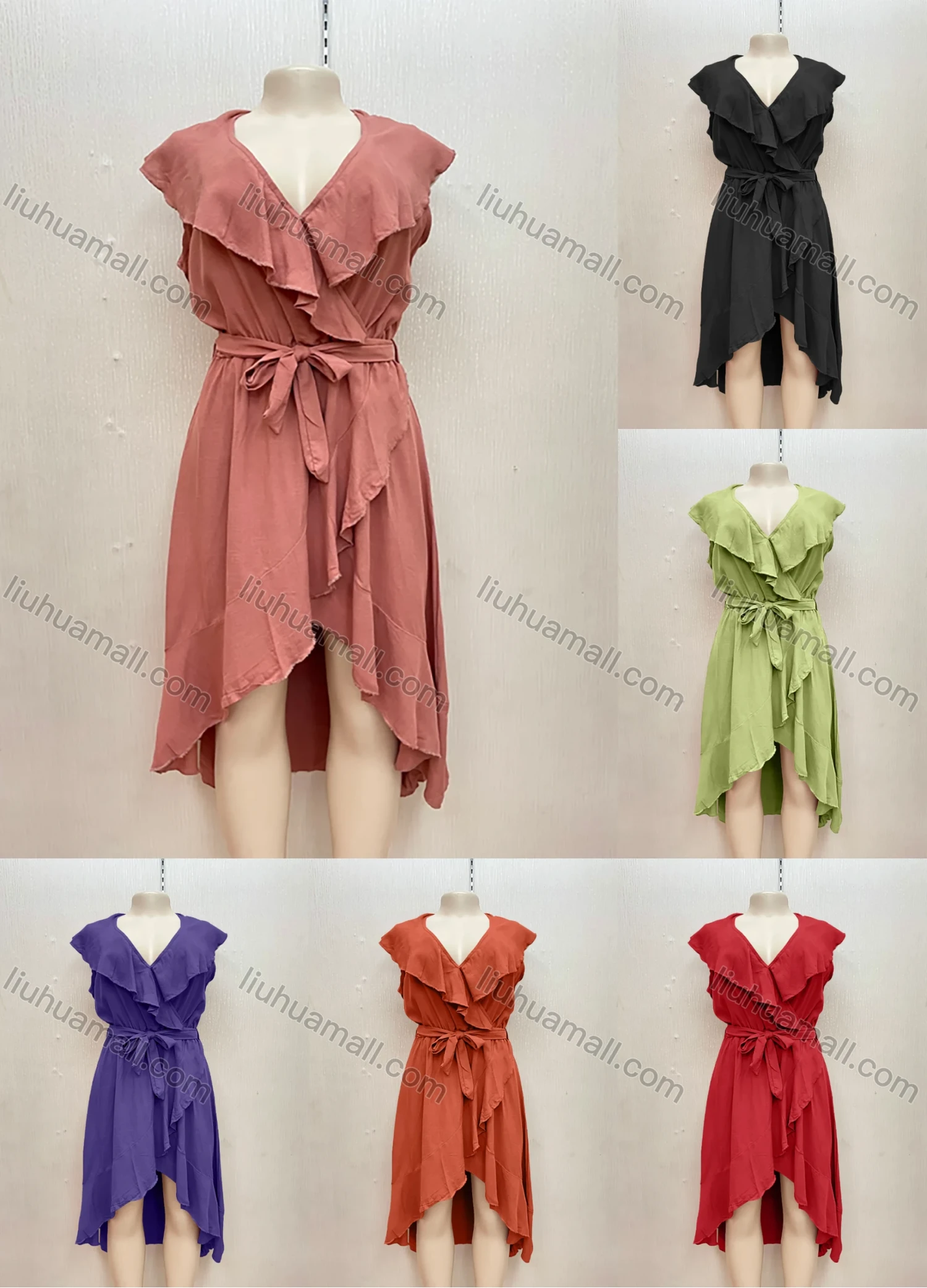 Wholesale Women's Casual V Neck Ruffle Lace Up High Low Hem Midi Dress - Liuhuamall