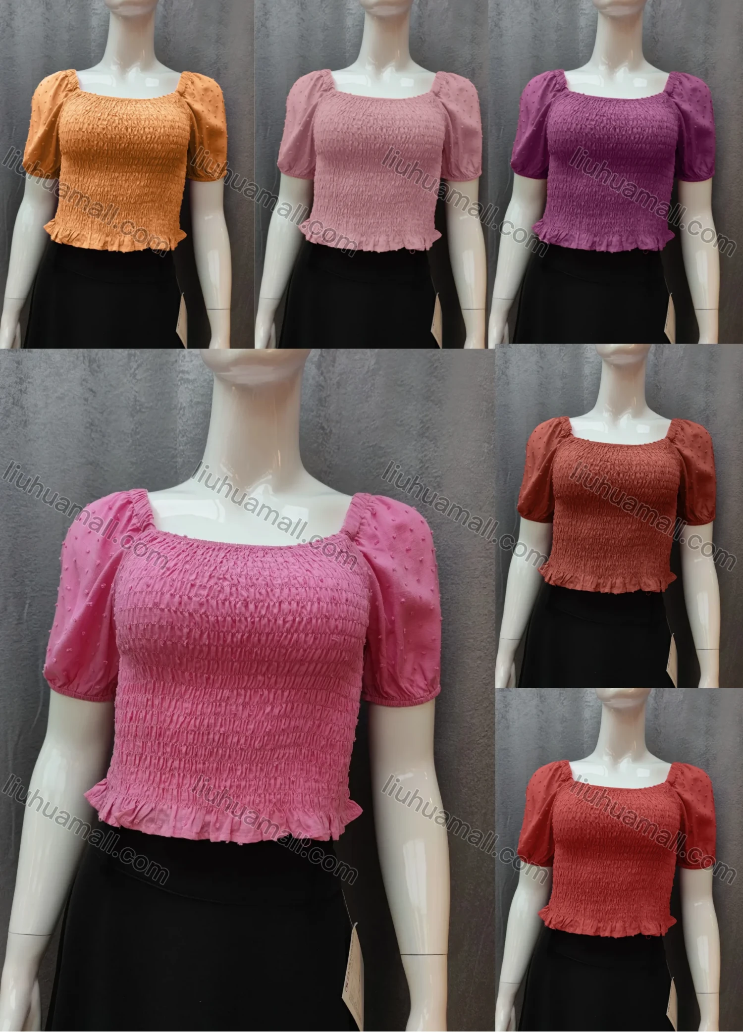 Wholesale Women's Casual Plain Swiss Dot Shirred Ruffle Hem Square Neck Short Sleeve Crop Blouse WB017# - Liuhuamall