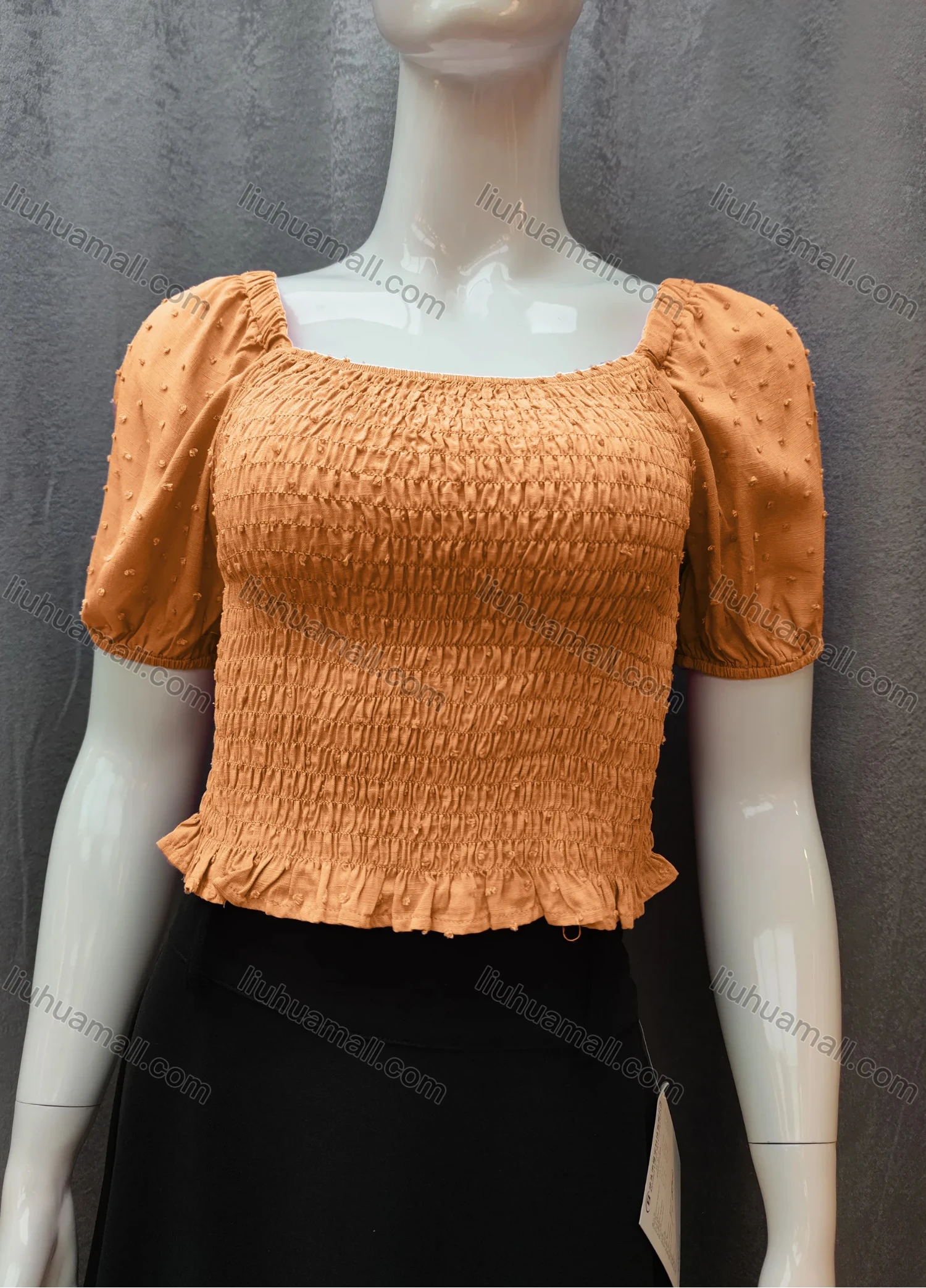 Wholesale Women's Casual Plain Swiss Dot Shirred Ruffle Hem Square Neck Short Sleeve Crop Blouse WB017# - Liuhuamall