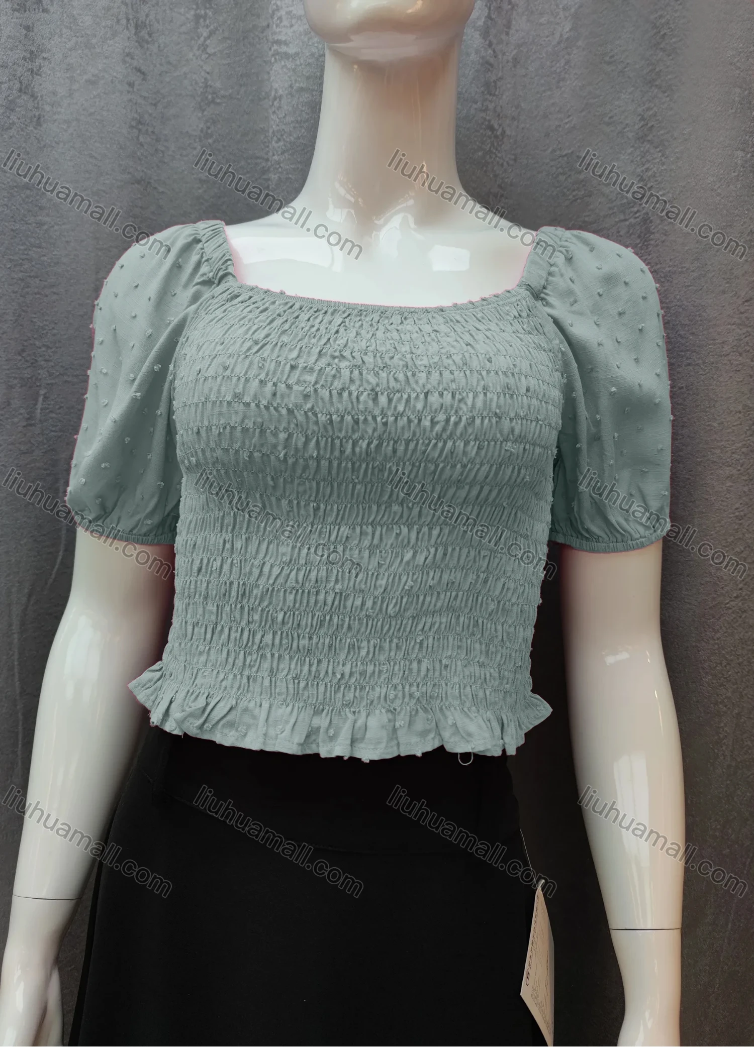 Wholesale Women's Casual Plain Swiss Dot Shirred Ruffle Hem Square Neck Short Sleeve Crop Blouse WB017# - Liuhuamall