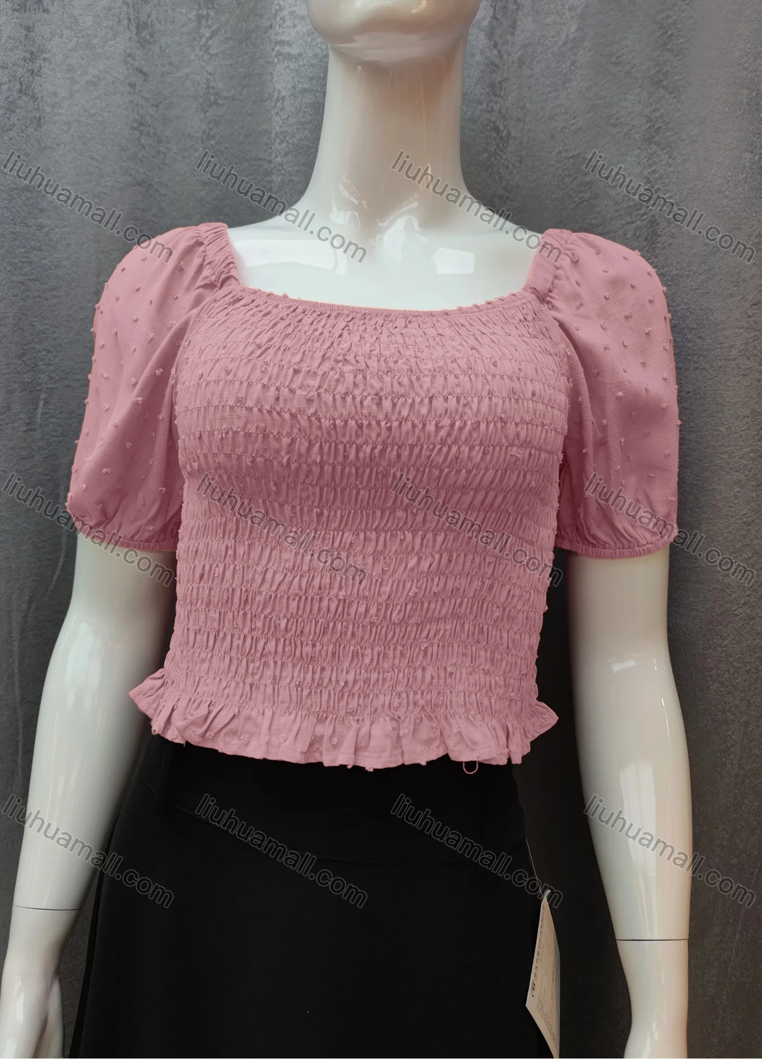 Wholesale Women's Casual Plain Swiss Dot Shirred Ruffle Hem Square Neck Short Sleeve Crop Blouse WB017# - Liuhuamall