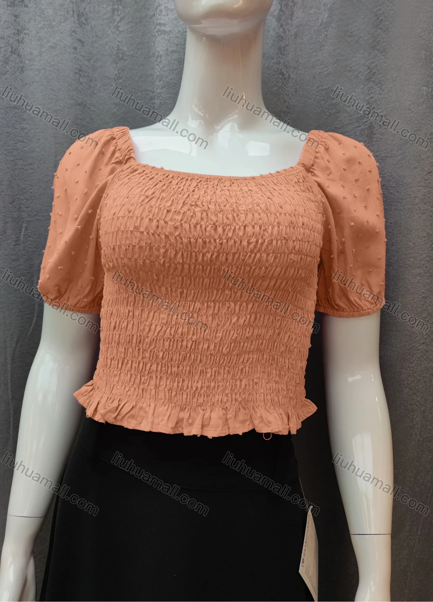 Wholesale Women's Casual Plain Swiss Dot Shirred Ruffle Hem Square Neck Short Sleeve Crop Blouse WB017# - Liuhuamall