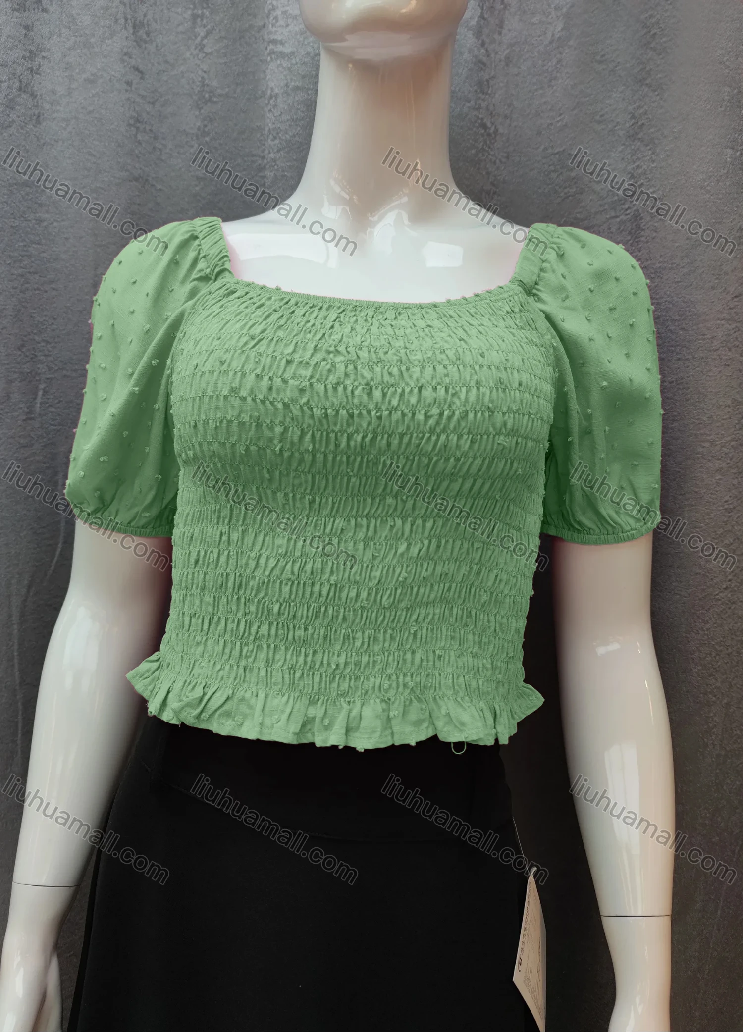 Wholesale Women's Casual Plain Swiss Dot Shirred Ruffle Hem Square Neck Short Sleeve Crop Blouse WB017# - Liuhuamall