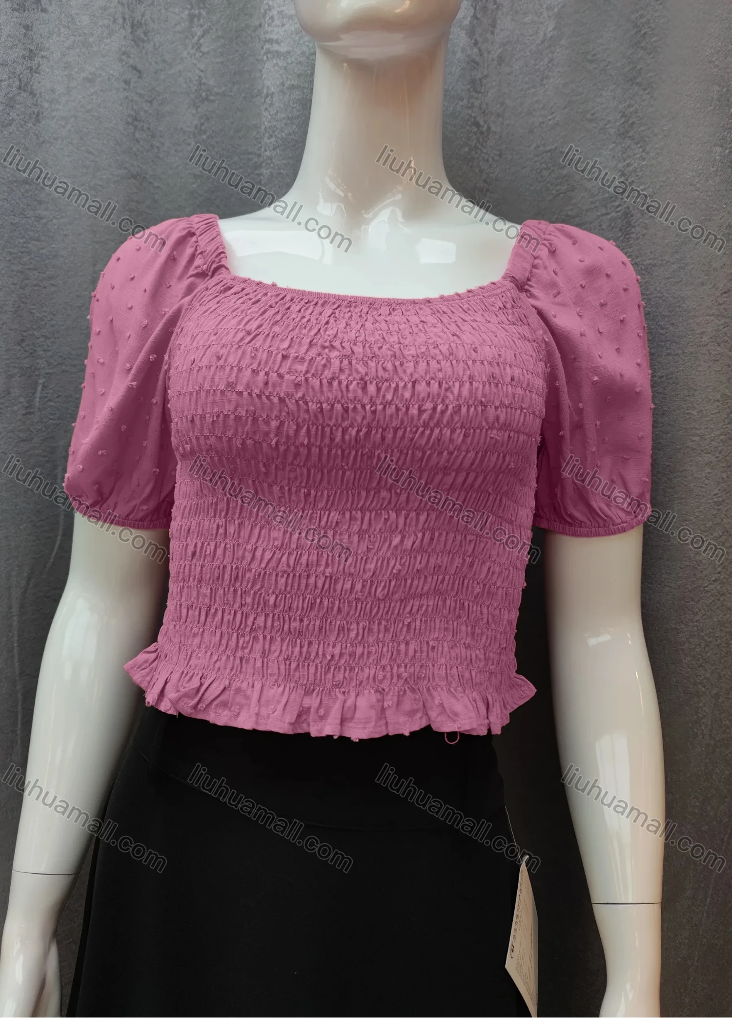Wholesale Women's Casual Plain Swiss Dot Shirred Ruffle Hem Square Neck Short Sleeve Crop Blouse WB017# - Liuhuamall