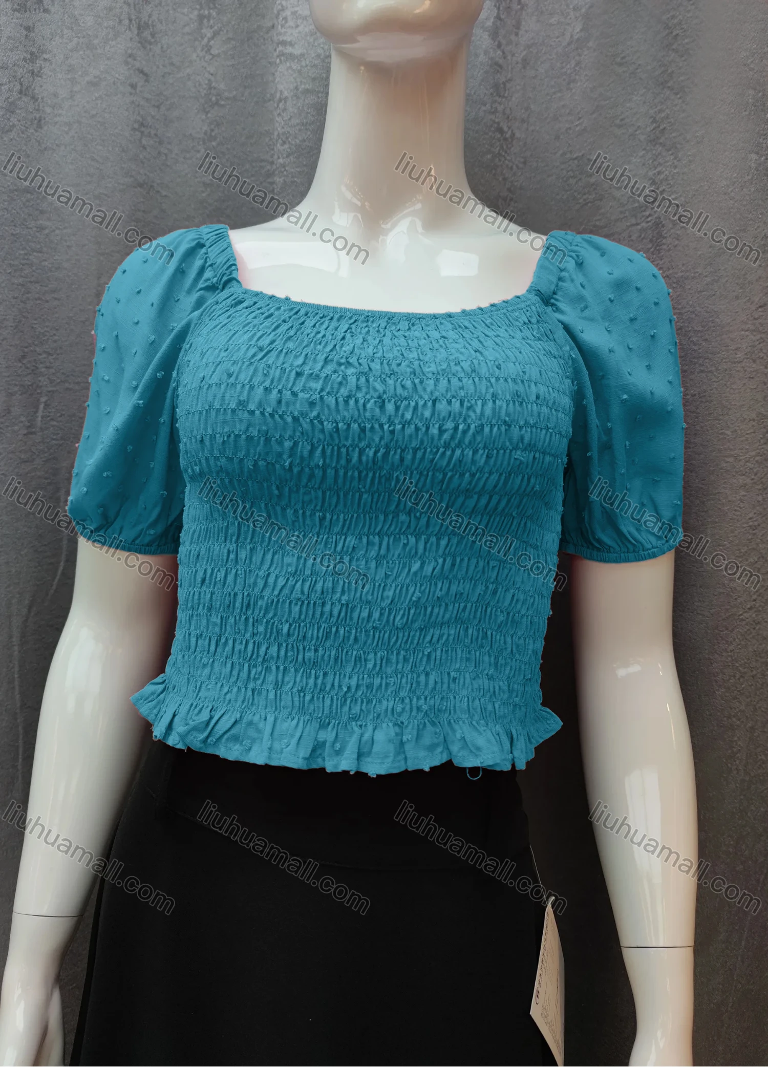 Wholesale Women's Casual Plain Swiss Dot Shirred Ruffle Hem Square Neck Short Sleeve Crop Blouse WB017# - Liuhuamall