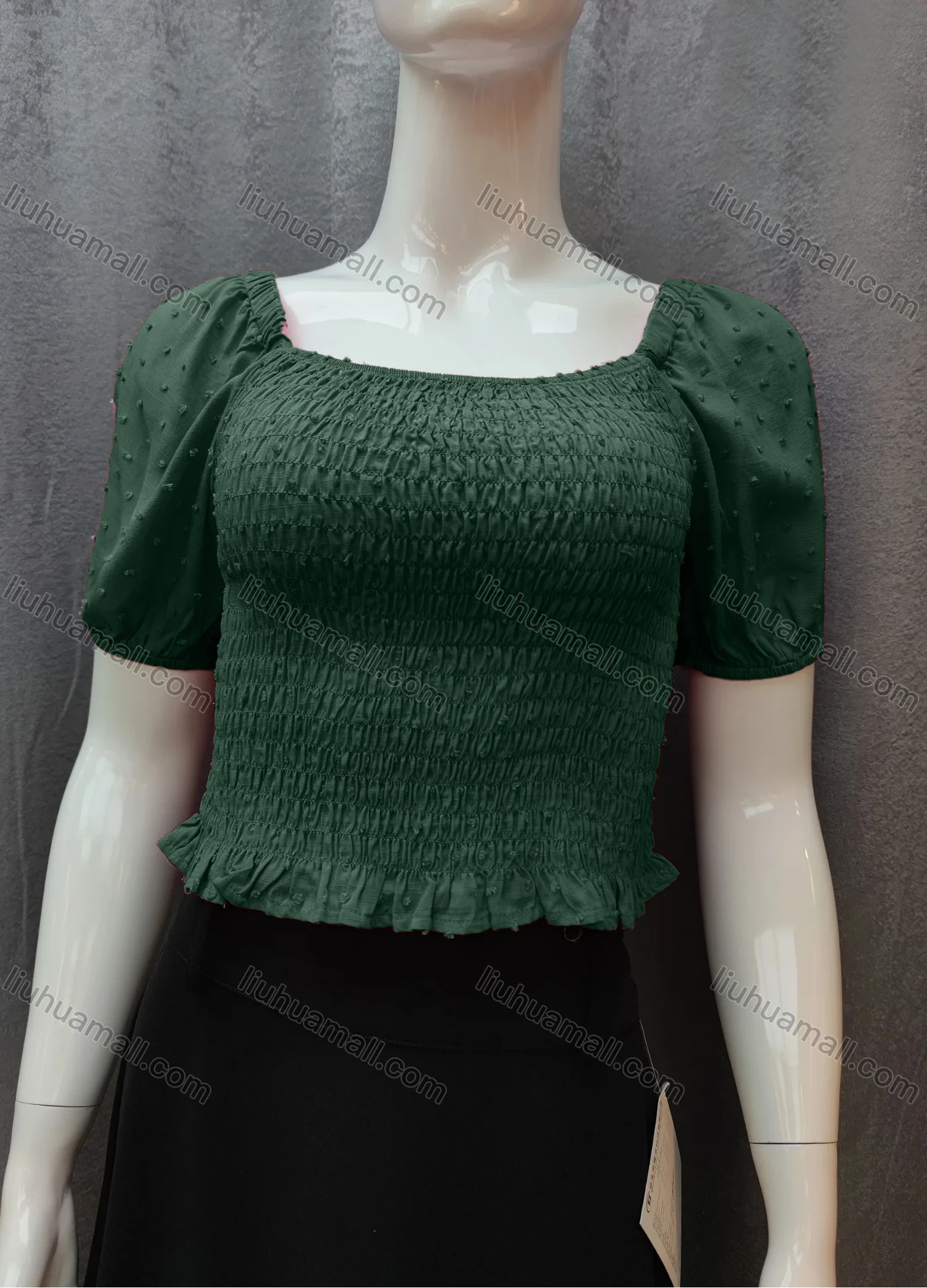 Wholesale Women's Casual Plain Swiss Dot Shirred Ruffle Hem Square Neck Short Sleeve Crop Blouse WB017# - Liuhuamall