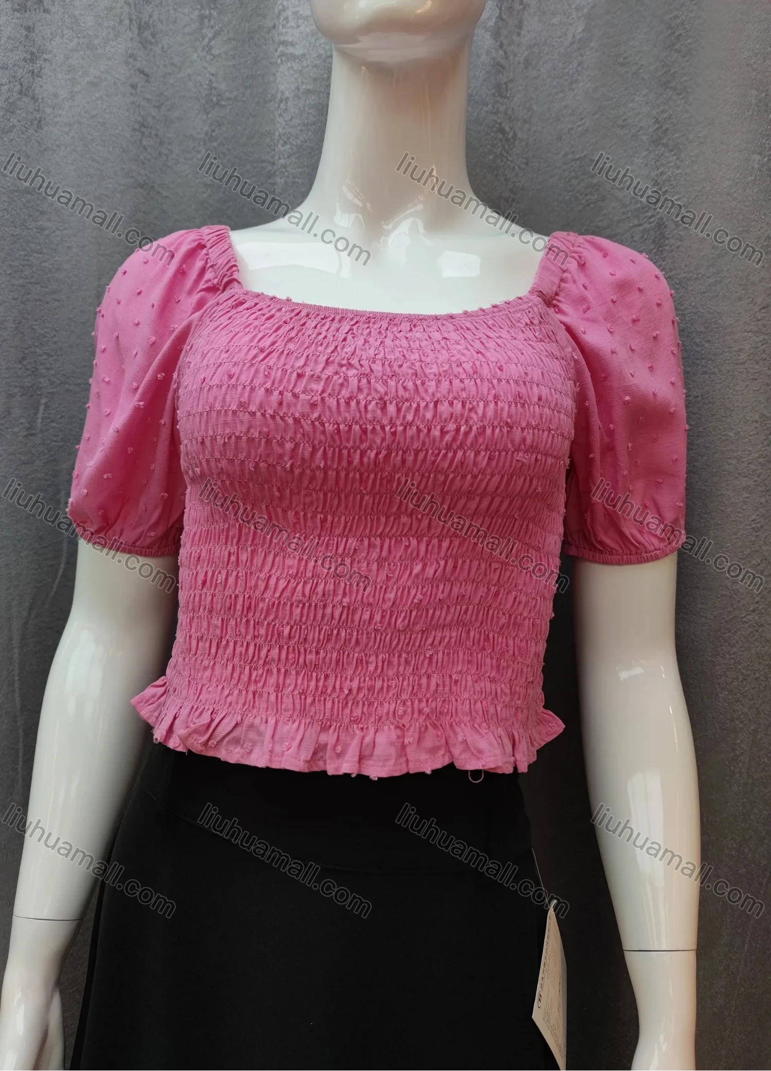 Wholesale Women's Casual Plain Swiss Dot Shirred Ruffle Hem Square Neck Short Sleeve Crop Blouse WB017# - Liuhuamall