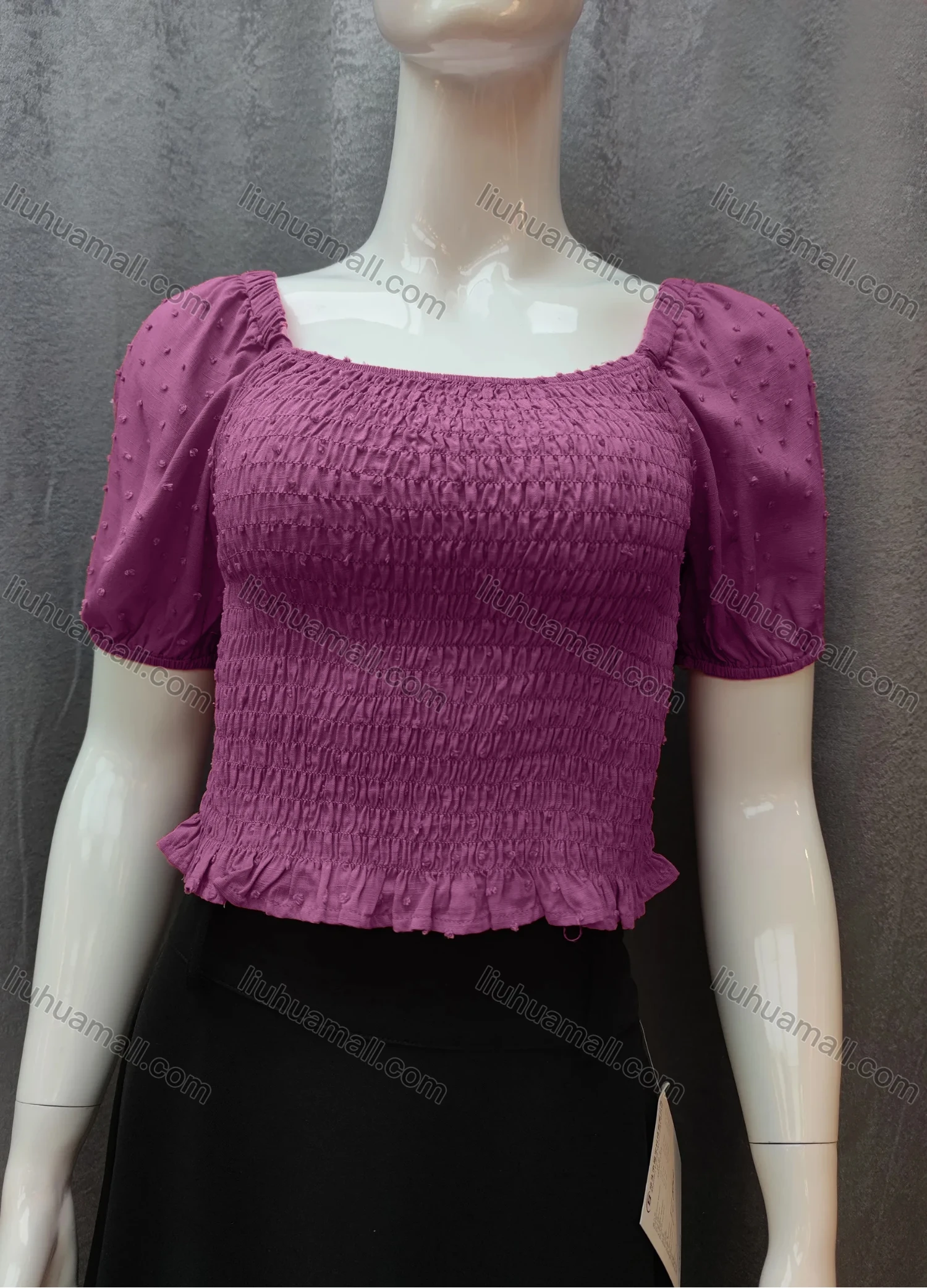 Wholesale Women's Casual Plain Swiss Dot Shirred Ruffle Hem Square Neck Short Sleeve Crop Blouse WB017# - Liuhuamall