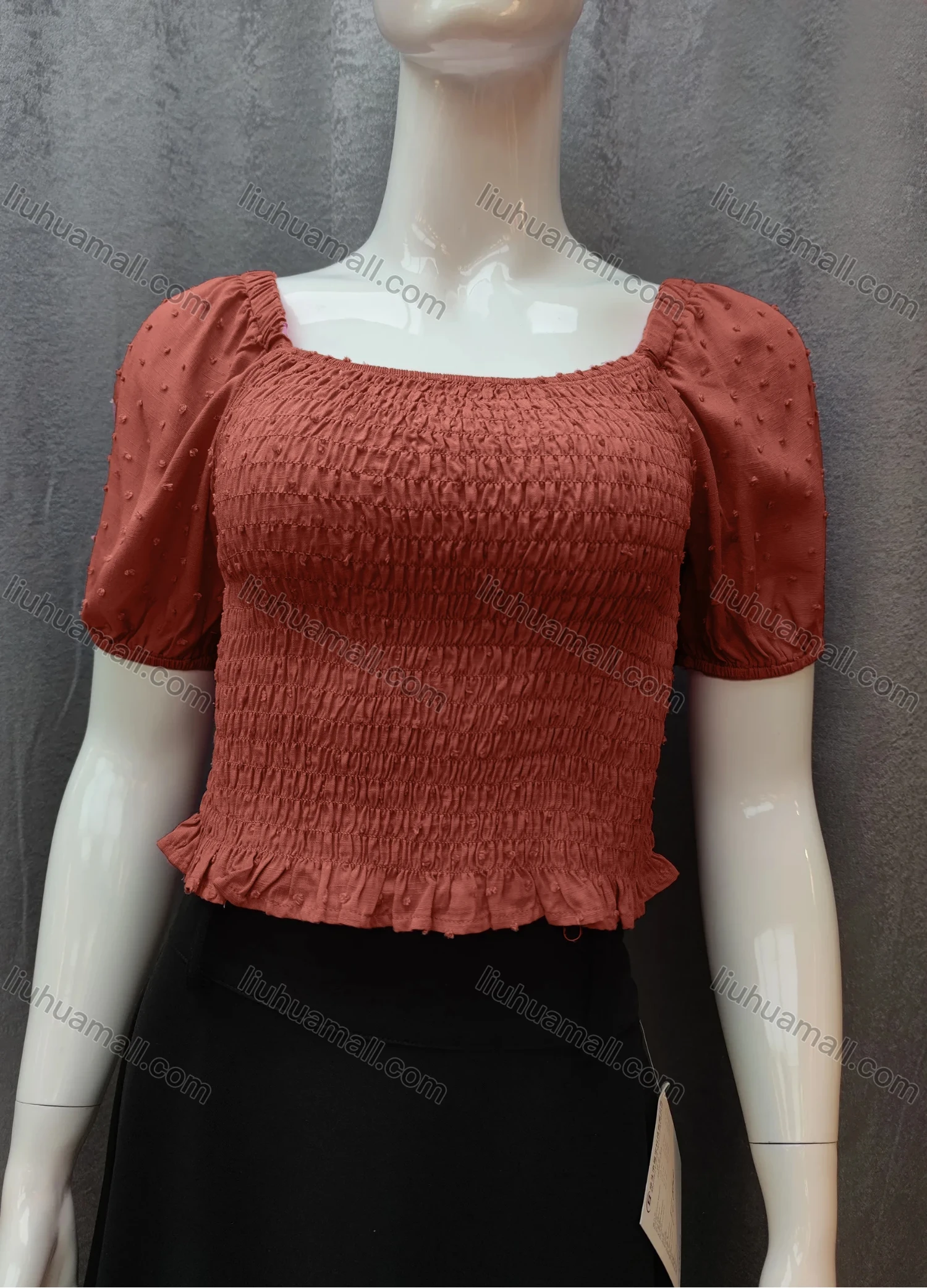Wholesale Women's Casual Plain Swiss Dot Shirred Ruffle Hem Square Neck Short Sleeve Crop Blouse WB017# - Liuhuamall