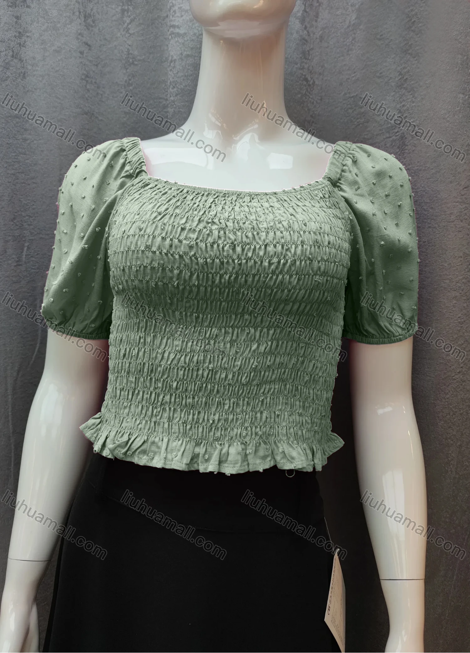 Wholesale Women's Casual Plain Swiss Dot Shirred Ruffle Hem Square Neck Short Sleeve Crop Blouse WB017# - Liuhuamall