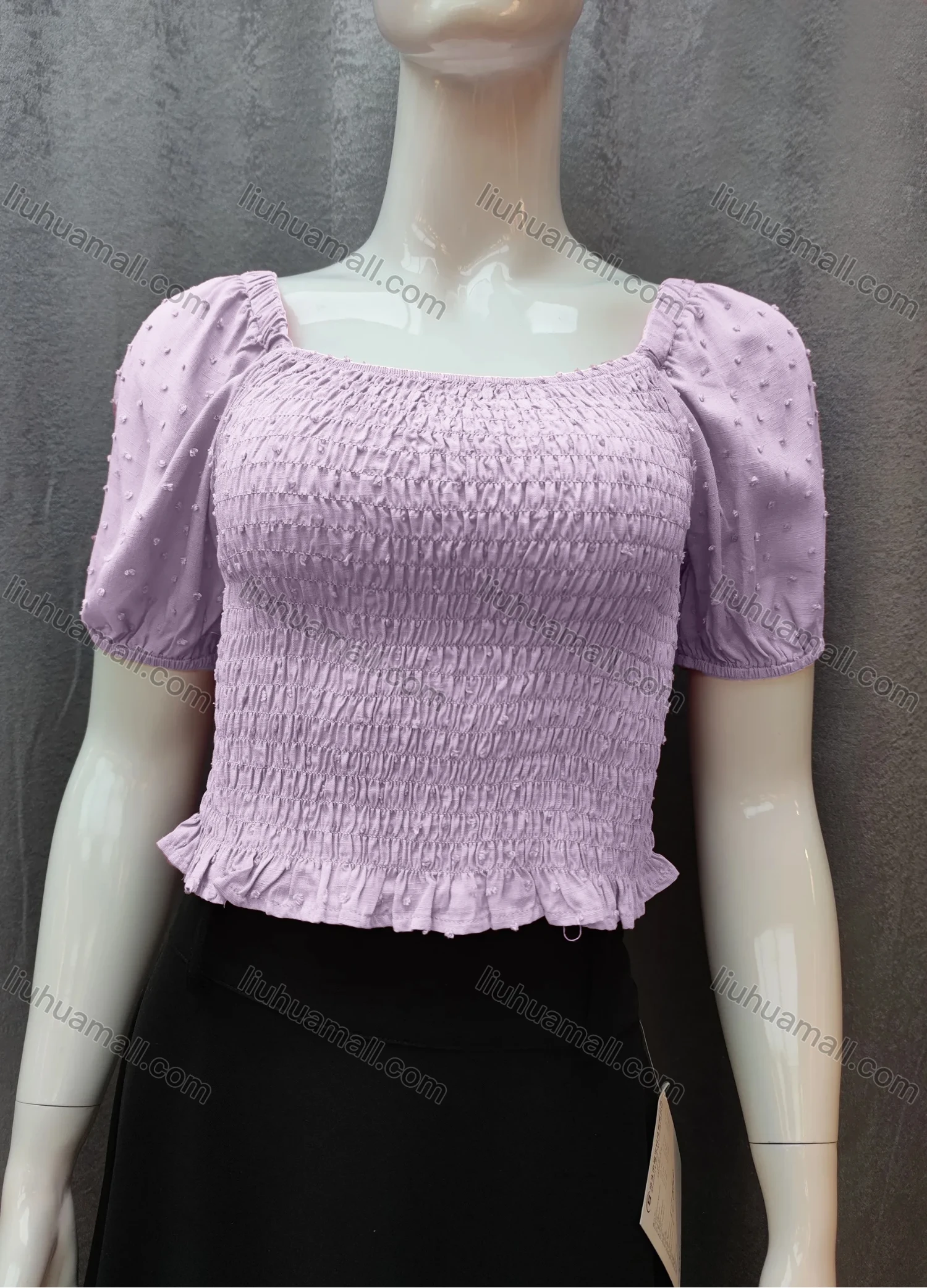 Wholesale Women's Casual Plain Swiss Dot Shirred Ruffle Hem Square Neck Short Sleeve Crop Blouse WB017# - Liuhuamall